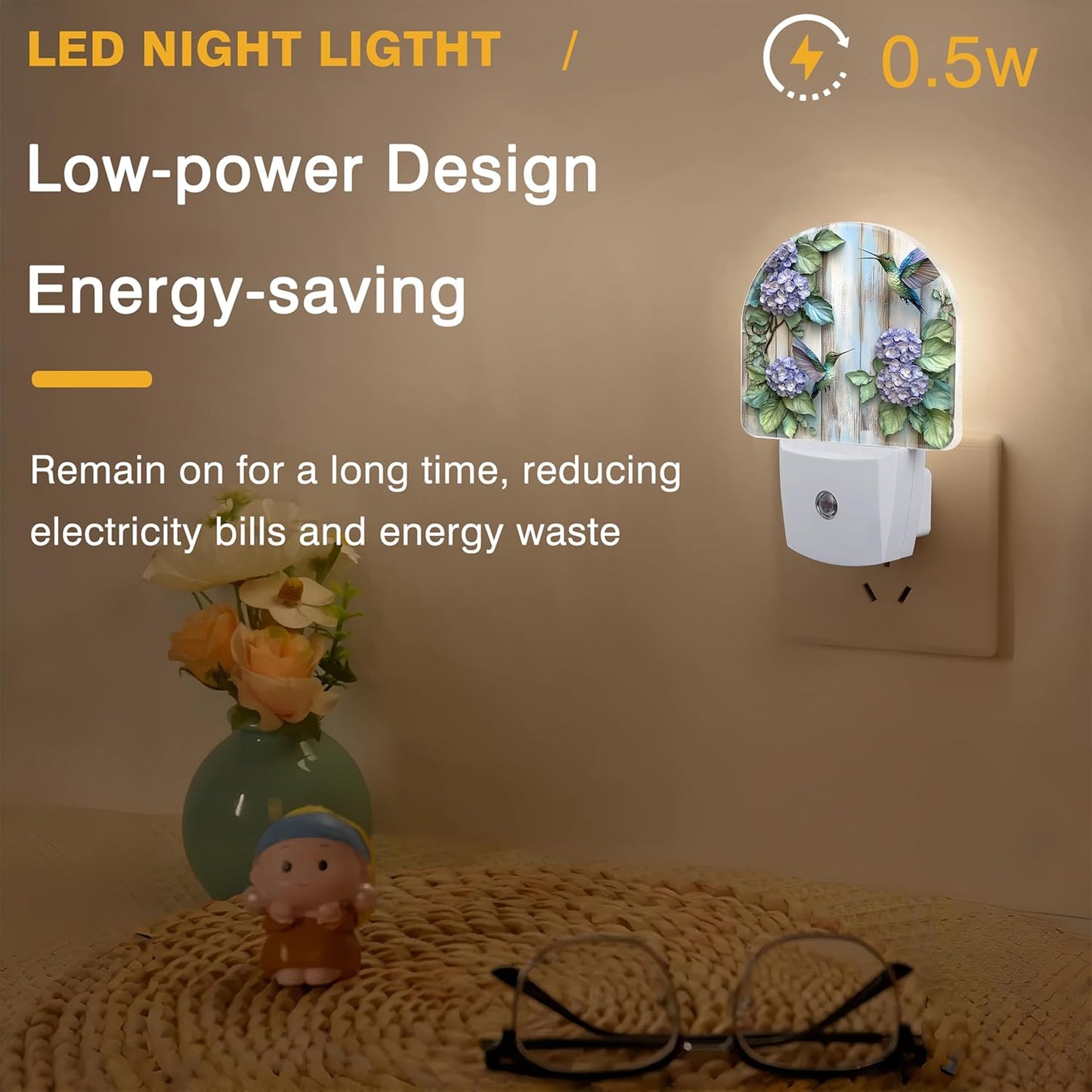 Night Lights Plug into Wall Hummingbirds and Hydrangea Flowers Night Light Dusk to Dawn Smart Sensor Decorative Round Led Lamp for Bedroom Kitchen Hallway Nightlight for Women Men