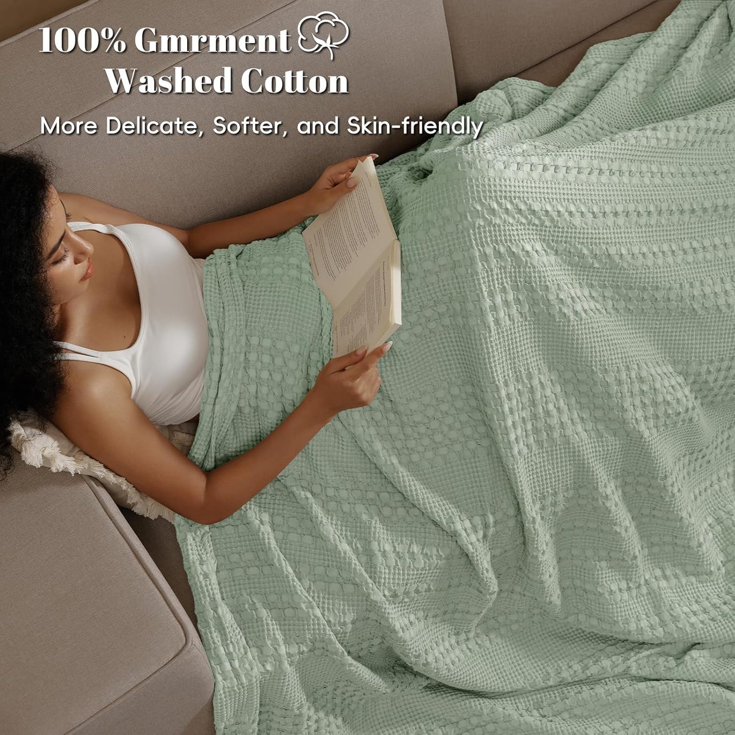 PHF 100% Cotton Waffle Weave Blanket Queen Size for Bed, Soft Lightweight & Breathable, All-Season Comfort, Luxury Aesthetic Woven Bedding for Home Decor, 90"x90", Sage Green
