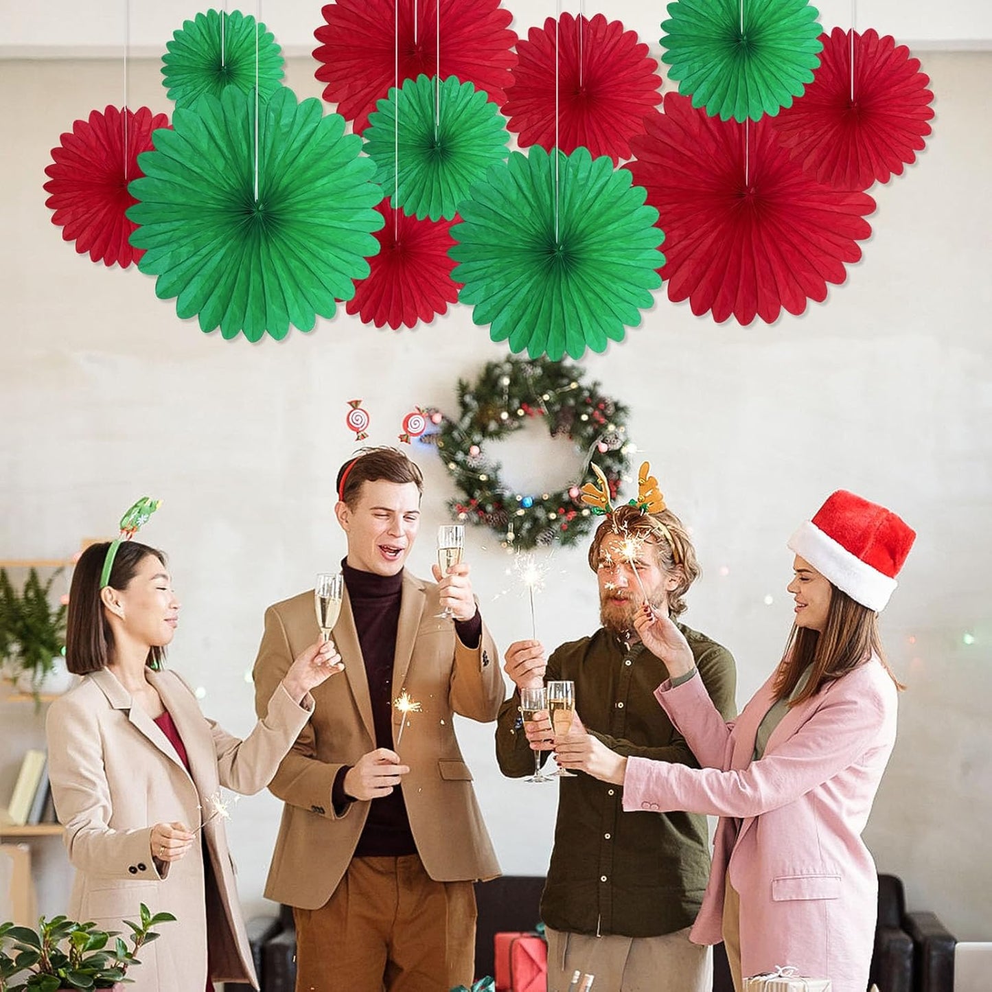 20 Pcs Red Green Hanging Paper Fan, Hanging Honeycomb Round Paper Fans for Weddings, Birthdays, Christmas, Baby Showers, Classroom, Events Ceiling Party Supplies Decorations