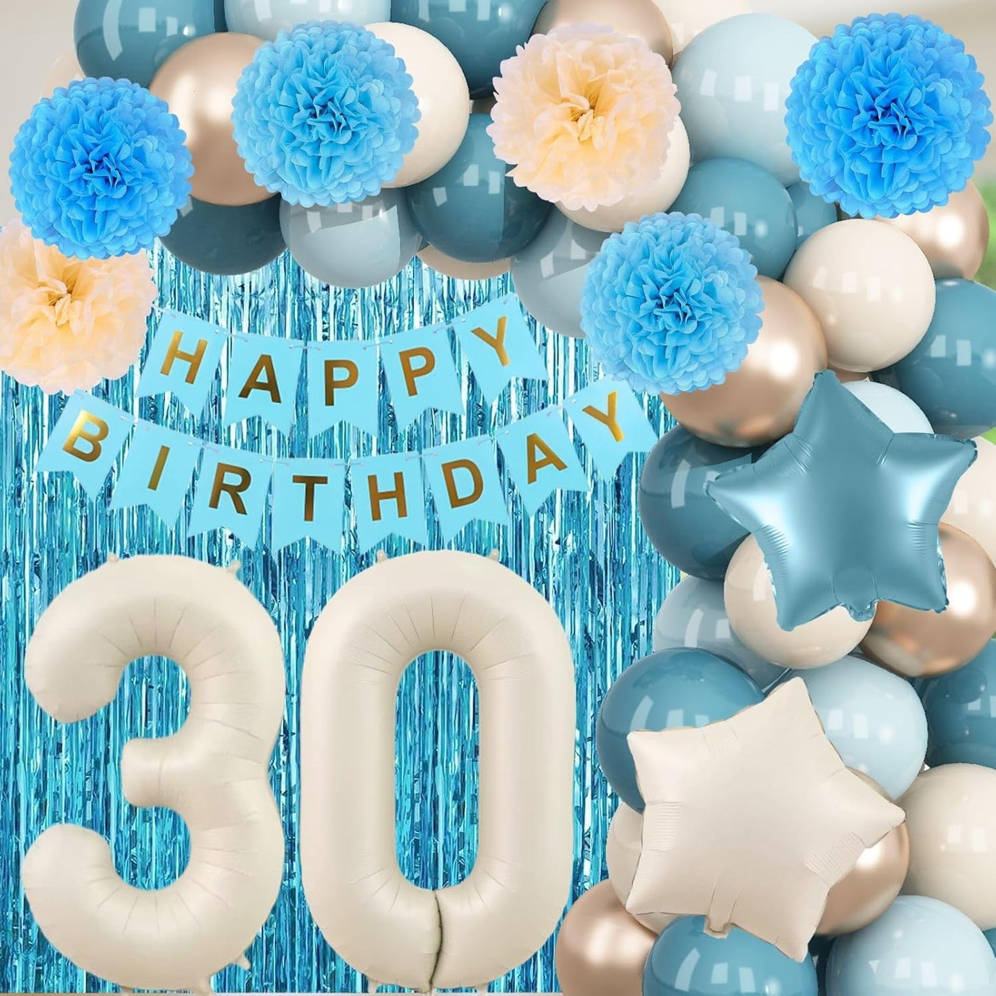 Dusty Blue 30th Birthday Party Decorations for Her Him Beige Cream Number 30 Balloon with Blue Gold Happy Birthday Banner Fringe Curtain Paper Pom Poms Nude White Sand Champagne Star Foil Balloons