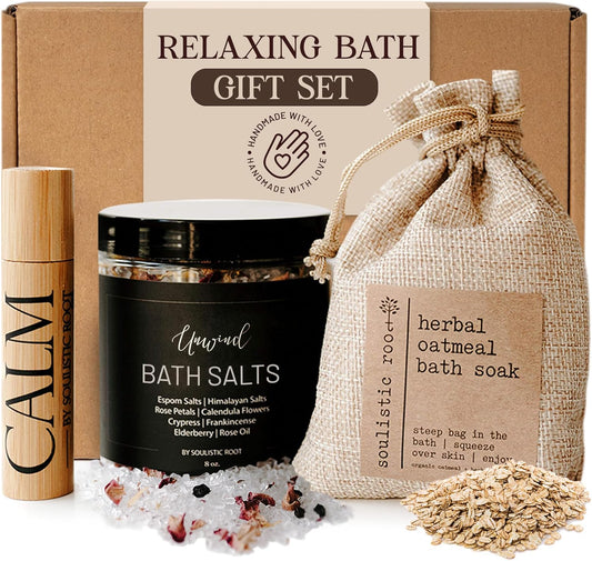 Relaxing Bath Gift Set, Luxury Spa Gifts for Women, Self Care Products for Women and Men, Calm Essential Oil Roller, Oatmeal Lavender Bath Soak & Epsom Salts with Essential Oils