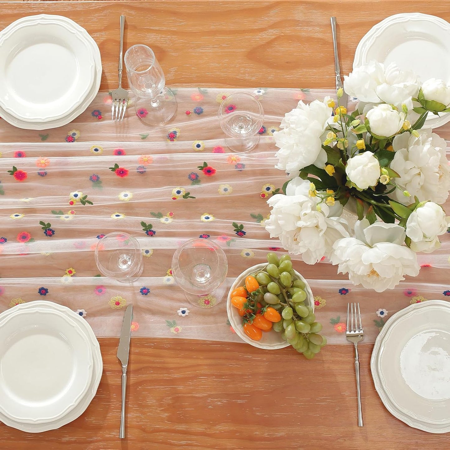 Champagne Embroidery Daisy Fall Table Runner 120Inch 10FT Florals Soft Sheer Tulle Fabric Table Runner for Home Decor, Brithday, Wedding, Baby Shower ,Holiday ,Parties, DIY Craft,1PC