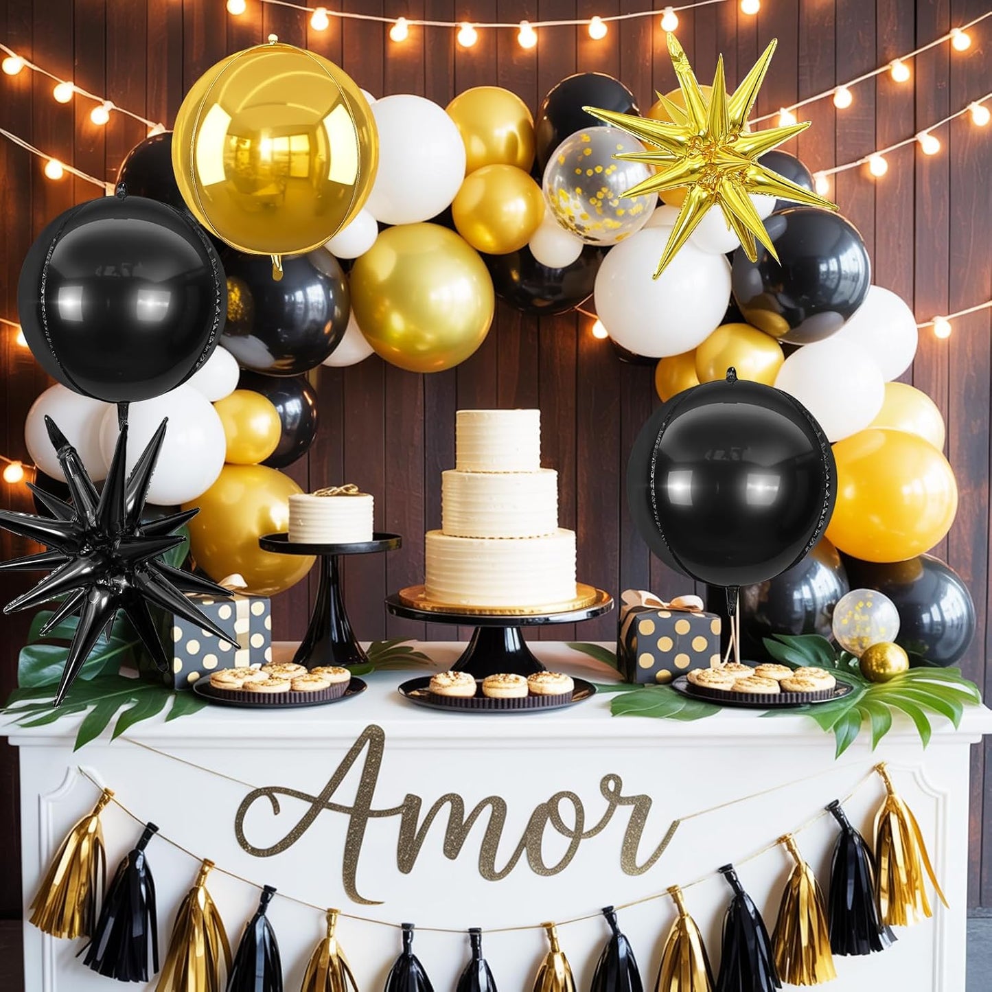 6Pcs Black Gold Foil Balloons,22Inch Gold Black 4D Round Ball Balloon and Explosion Star Balloon for Birthday Wedding Baby Shower Anniversary Graduation Decorations