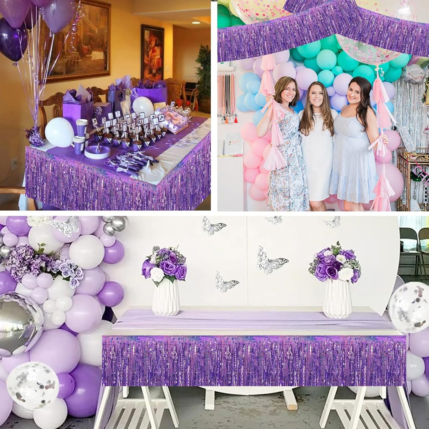 BEISHIDA 3 Packs Metallic Foil Fringe Garland Laser Light Purple Wall Hanging Tinsel Fringe Banners for Car Floats Bridal Shower Wedding Birthday Easter Graduation Holiday Party Decoration(30 Feet)