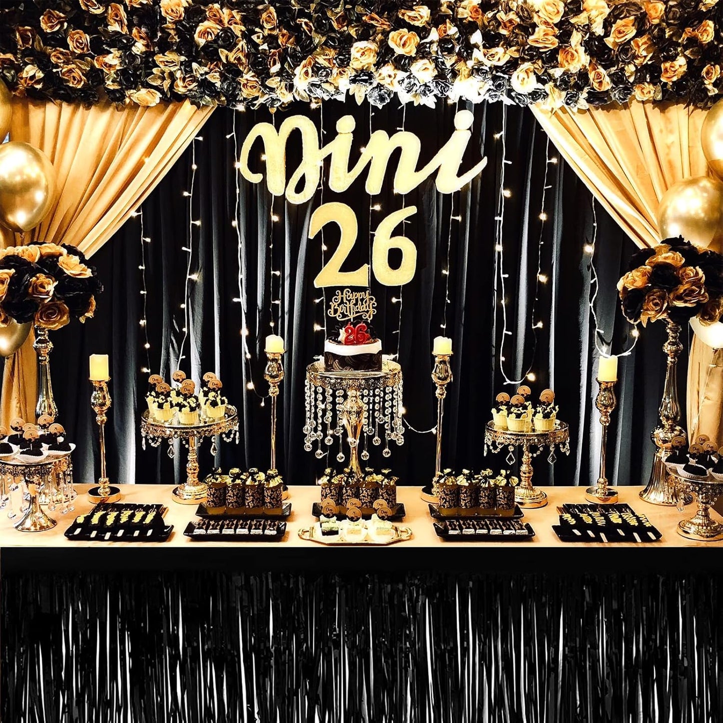 4 Pack 29x108 Inch Metallic Foil Fringe Tinsel Table Skirts for Rectangle Tables Streamer Curtains Backdrop for Halloween, Birthday, Parade Floats, Christmas Party Supplies(Black)