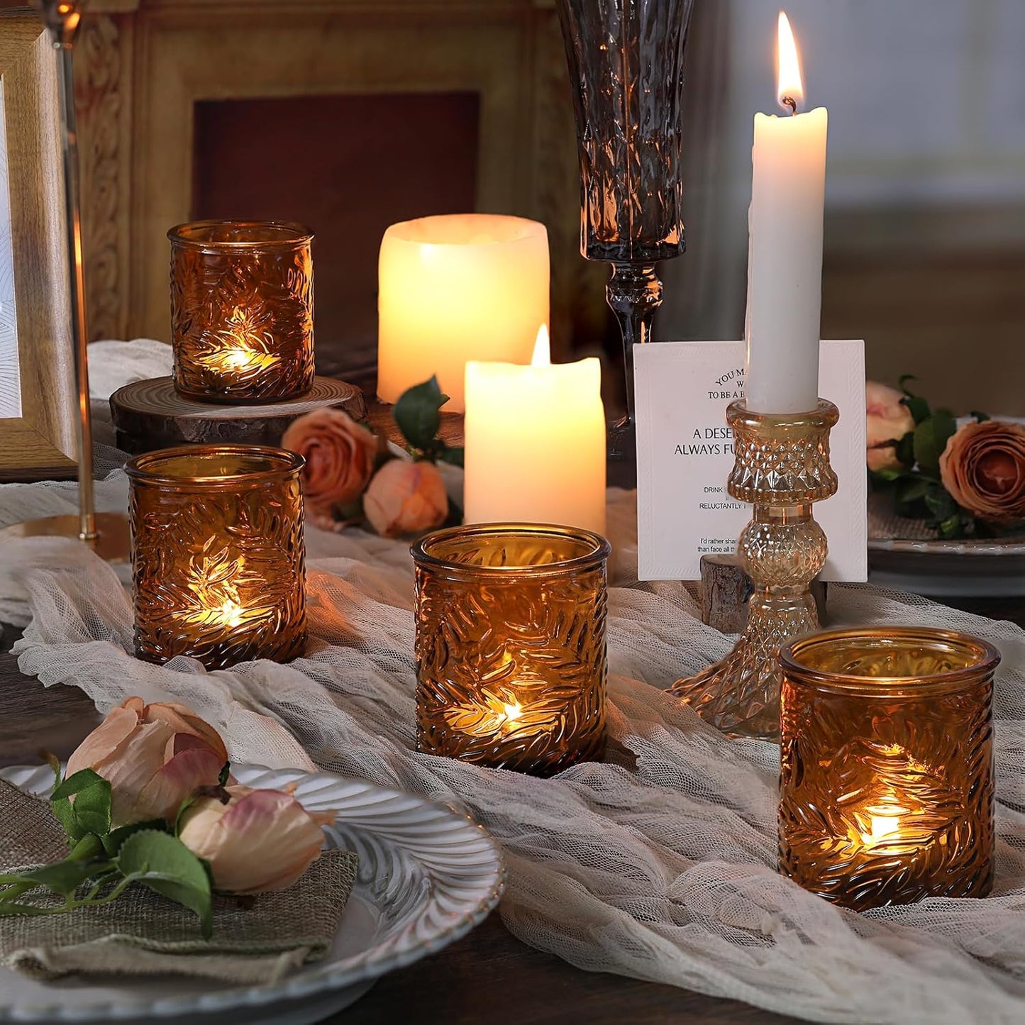 24 pcs Amber Votive Candle Holders, Tea Light Candle Holders for Wedding Centerpieces, Glass Candle Holder for Vintage Home Christmas Decoration Party Supplies