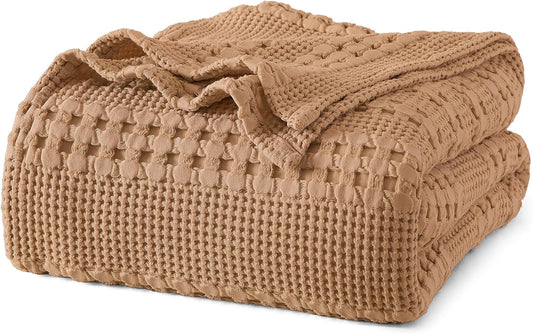 PHF 100% Cotton Waffle Weave Blanket Queen Size for Bed, Soft Lightweight & Breathable, All-Season Comfort, Luxury Aesthetic Woven Bedding for Home Decor, 90"x90", Camel