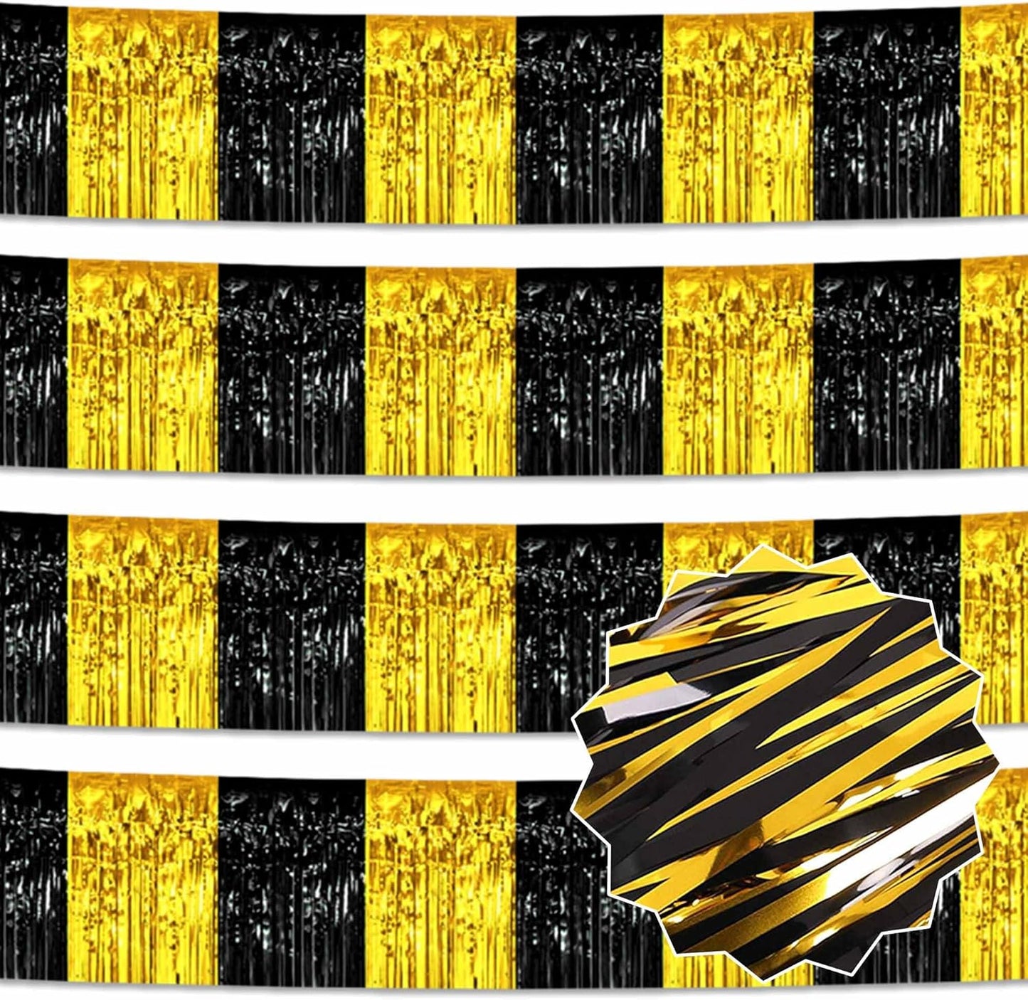 4 Pack 10 Ft Black and Gold Foil Fringe Garland Metallic Streamers Tinsel Banner Wall Hanging Garland Backdrop for Parade Floats, Halloween, Christmas, Thanksgiving, New Year Party Decorations