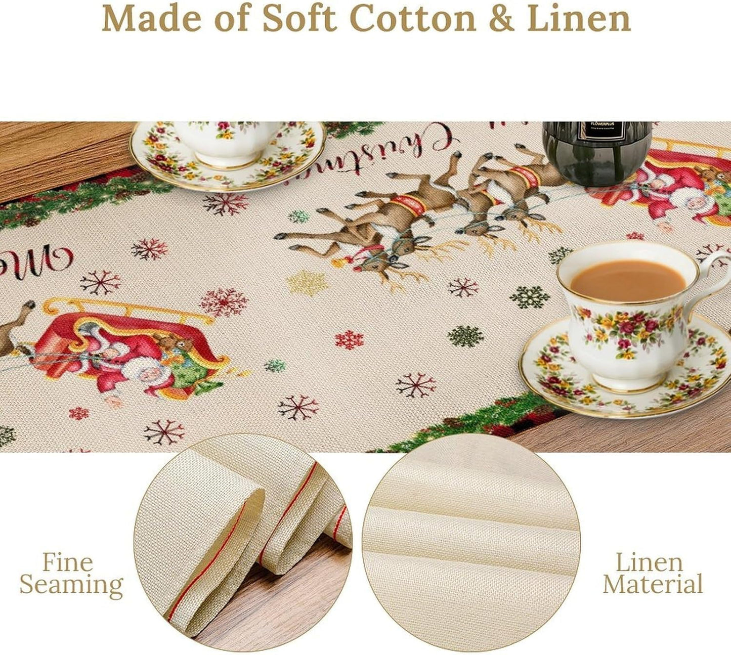 Christmas Table Runner,Xmas Deer Cute Santa Claus Red Plaid Pattern Printed Tablecloth Burlap for Hotel Indoors Outdoor Dining Room Kitchen Home Decor,W13X L80 in