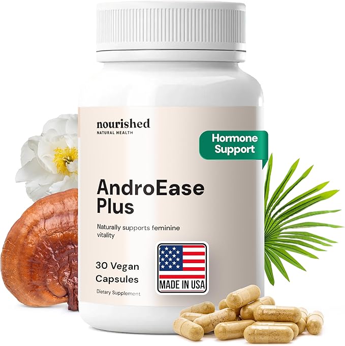 Nourished AndroEase Plus Double Strength – Vegan Hormone Balance for Women – Zinc, Reishi, Green Tea and Saw Palmetto – for Energy, Vitality, Facial Hair and Daily Wellness – 30 Capsules, Made in USA