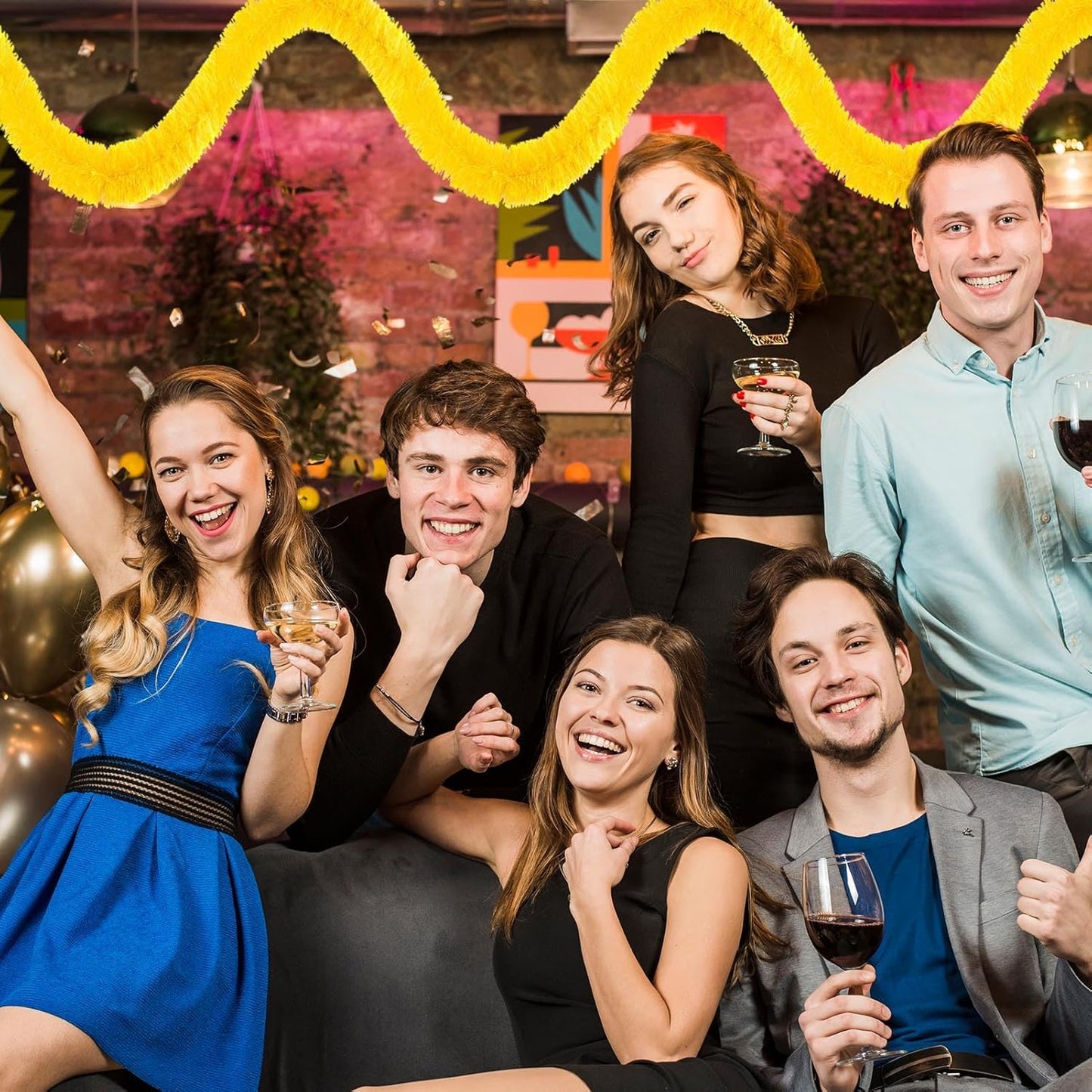 25 Feet Macaron Yellow Christmas Tinsel Garland, Metallic Foil Twist Banner Wall Hanging Tinsel Streamers Backdrop for Parade Floats, Christmas, Mother's Day, Birthday Party Decorations(4in x 25ft)