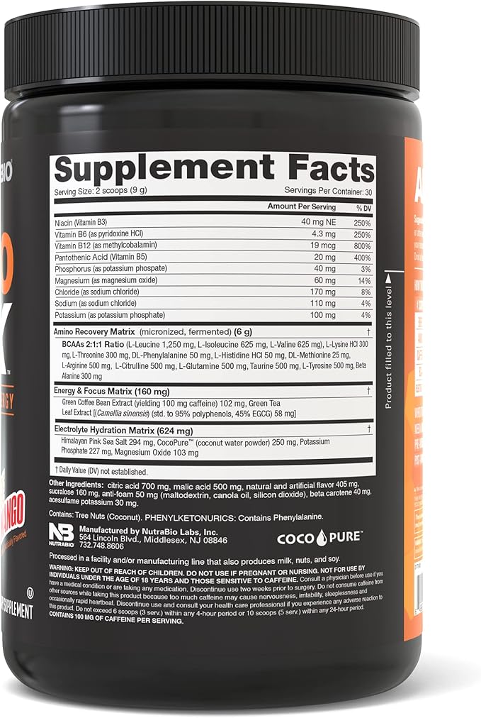 NutraBio Amino Kick – BCAA Powder with Natural Caffeine – Amino Acids Supplement for Energy, Hydration & Recovery – BCAAs, Electrolytes & Amino Acids – Orange Mango, 30 Servings