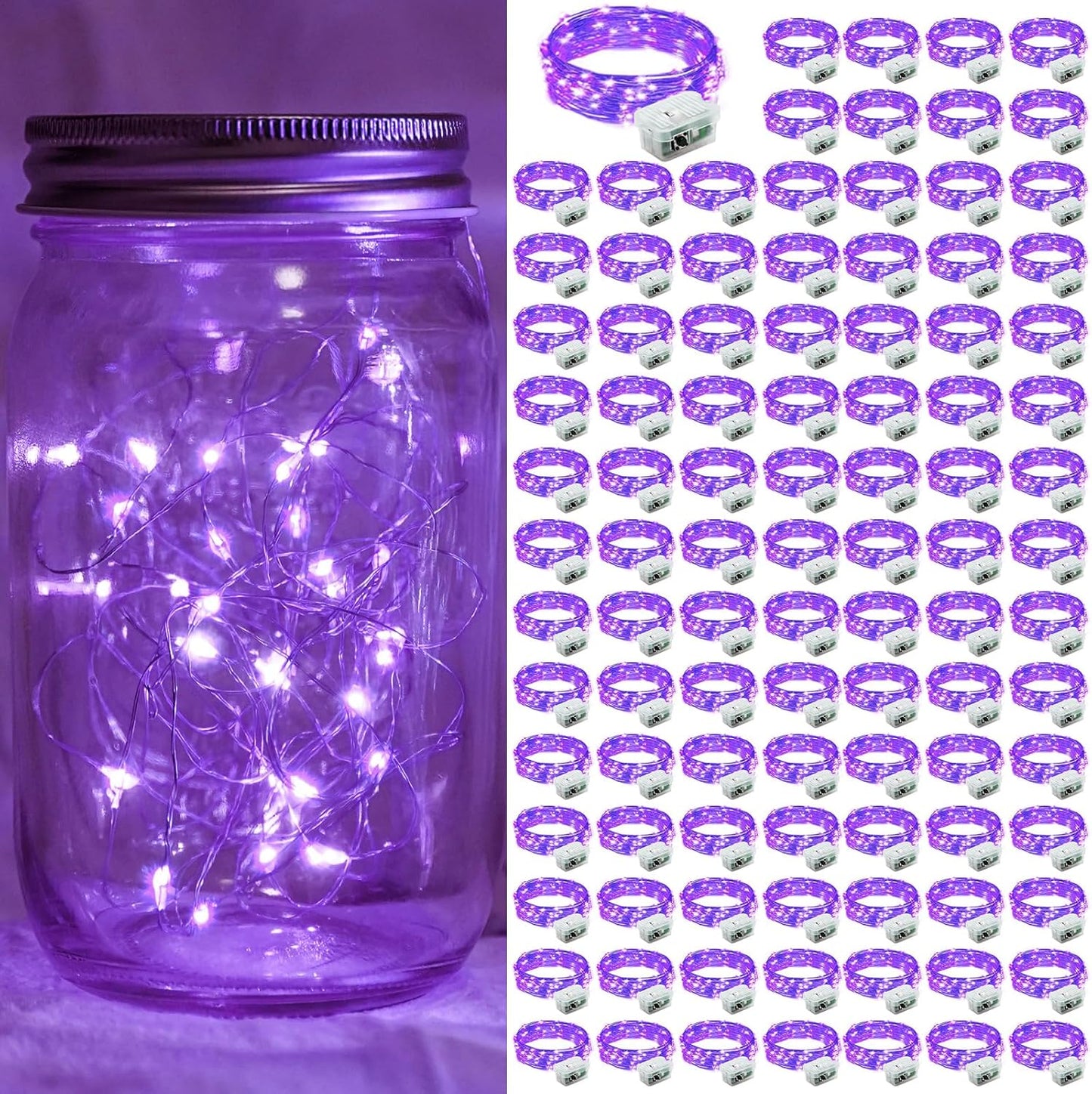 100 Pack Purple Fairy Lights 7Ft 20 LED Twinkle String Lights 3 Modes Battery Operated Waterproof Firefly Starry for Mason Jar Party Wedding Christmas Valentines Day Table Centerpieces