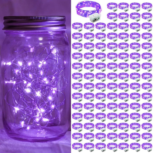 100 Pack Purple Fairy Lights 7Ft 20 LED Twinkle String Lights 3 Modes Battery Operated Waterproof Firefly Starry for Mason Jar Party Wedding Christmas Valentines Day Table Centerpieces