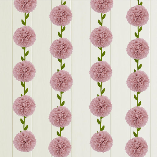 2 Pack Rose Pink Tissue Paper Pom Pom Garlands Hanging with Cloth Vine for Nature Garden Fence Birthday Paty Decorations, 6.6Ft Length