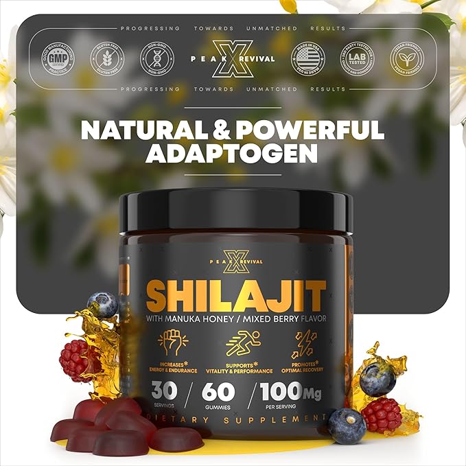 Peak Revival Shilajit Gummies with Manuka Honey, Mixed Berry Flavor, 60 Count, 100mg per Serving, 30 Servings