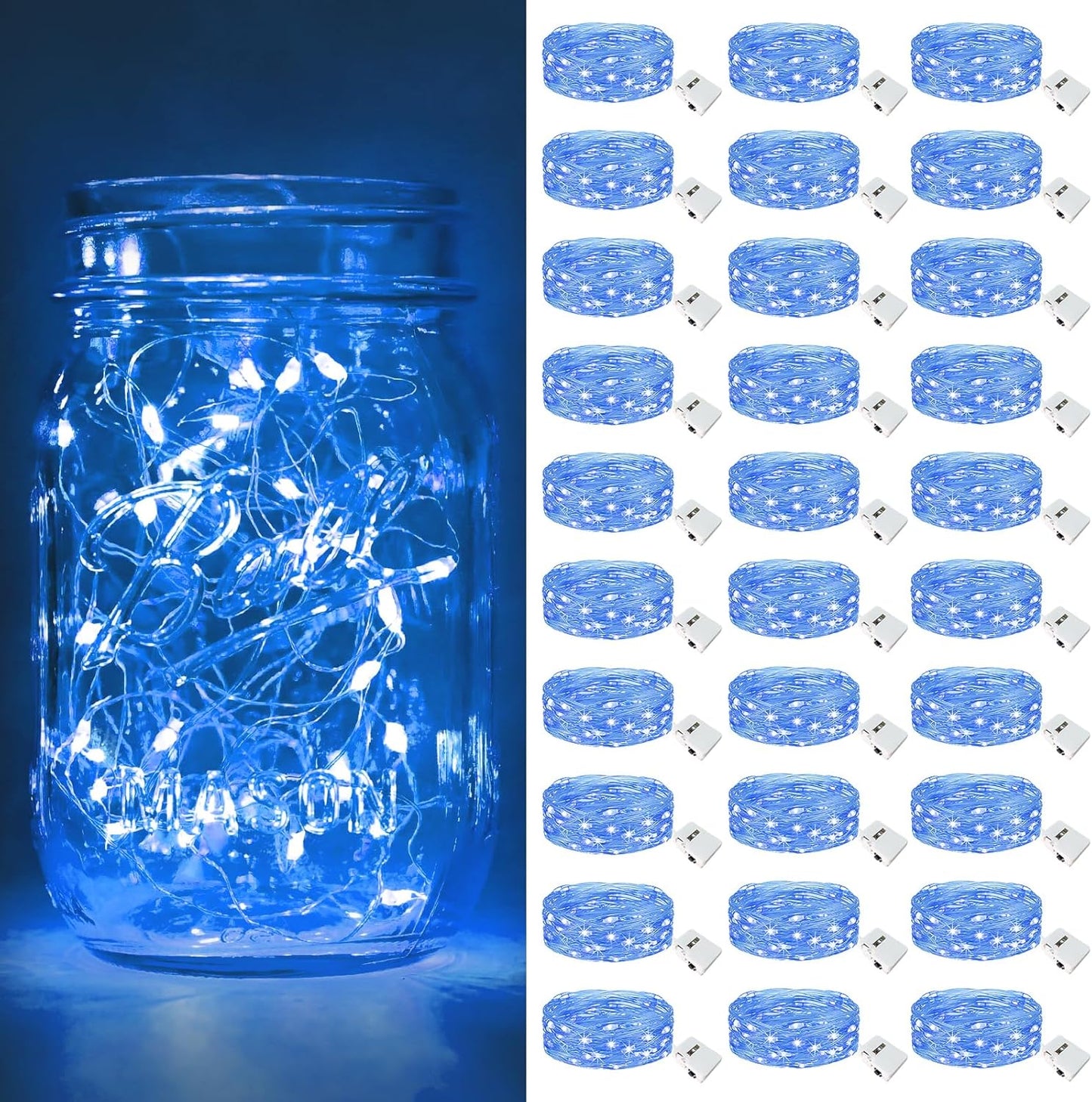 btfarm 30 Pack Fairy Lights Battery Operated [3 Modes], 7ft 20 Led Twinkle Lights String Lights Waterproof Bulk Small Mini Silver Wire for Mason Jars Vases Wedding Table Centerpiece, Blue