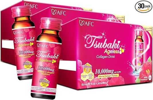 AFC Japan Tsubaki Ageless Beauty Collagen Drink from Japan with 10,000mg Marine Collagen Peptides + 500mg Royal Jelly + Hyaluronic Acid + Vitamin Bs & C for Skin Revitalization 1.69fl.ozx10sx3