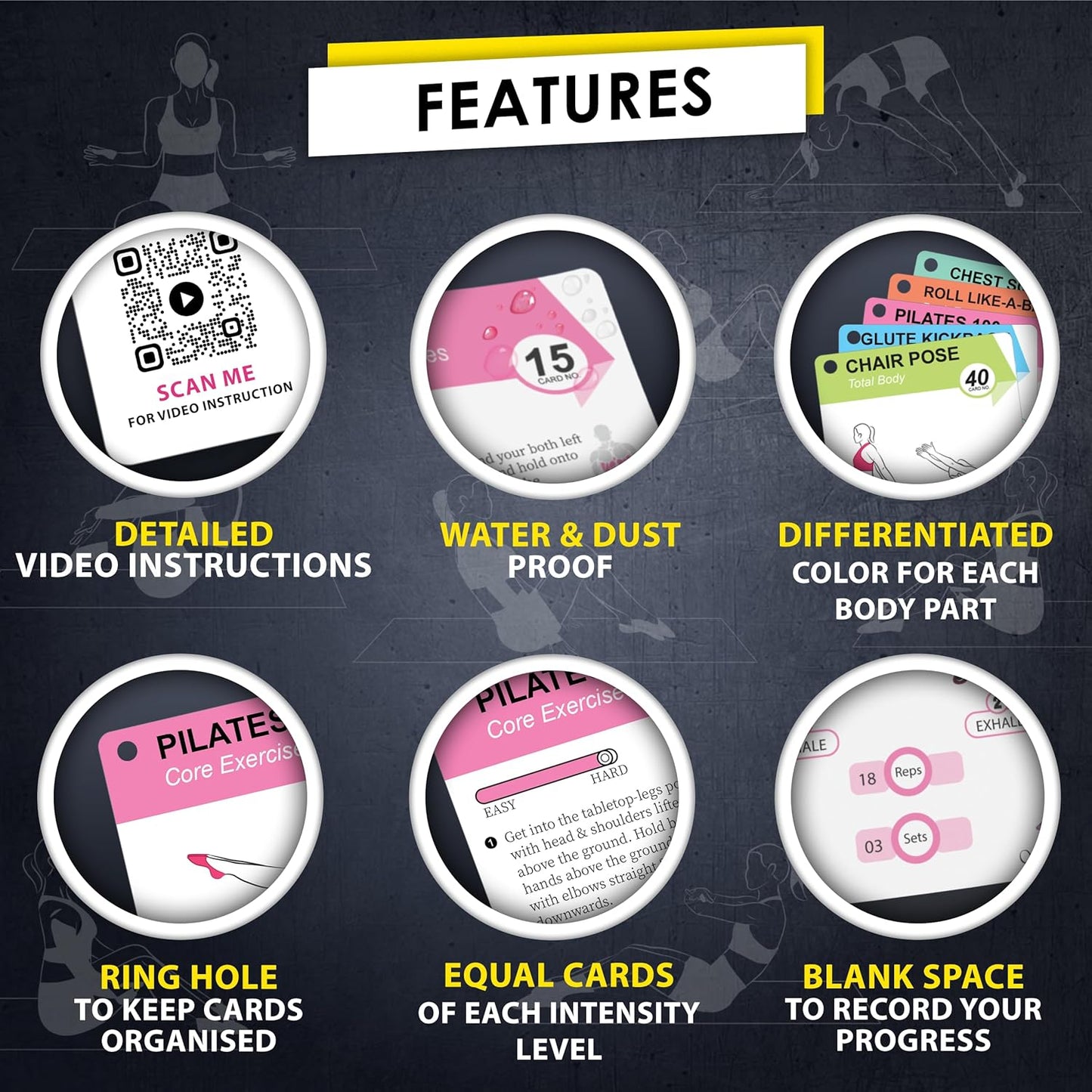 Pilates Workout Cards - 58 Exercise Cards with Pilates Mat Workout Postures, Video Instructions & Breathing Tips | Free Ring & Dry-Erase Marker to Create at home pilates womens workout planner