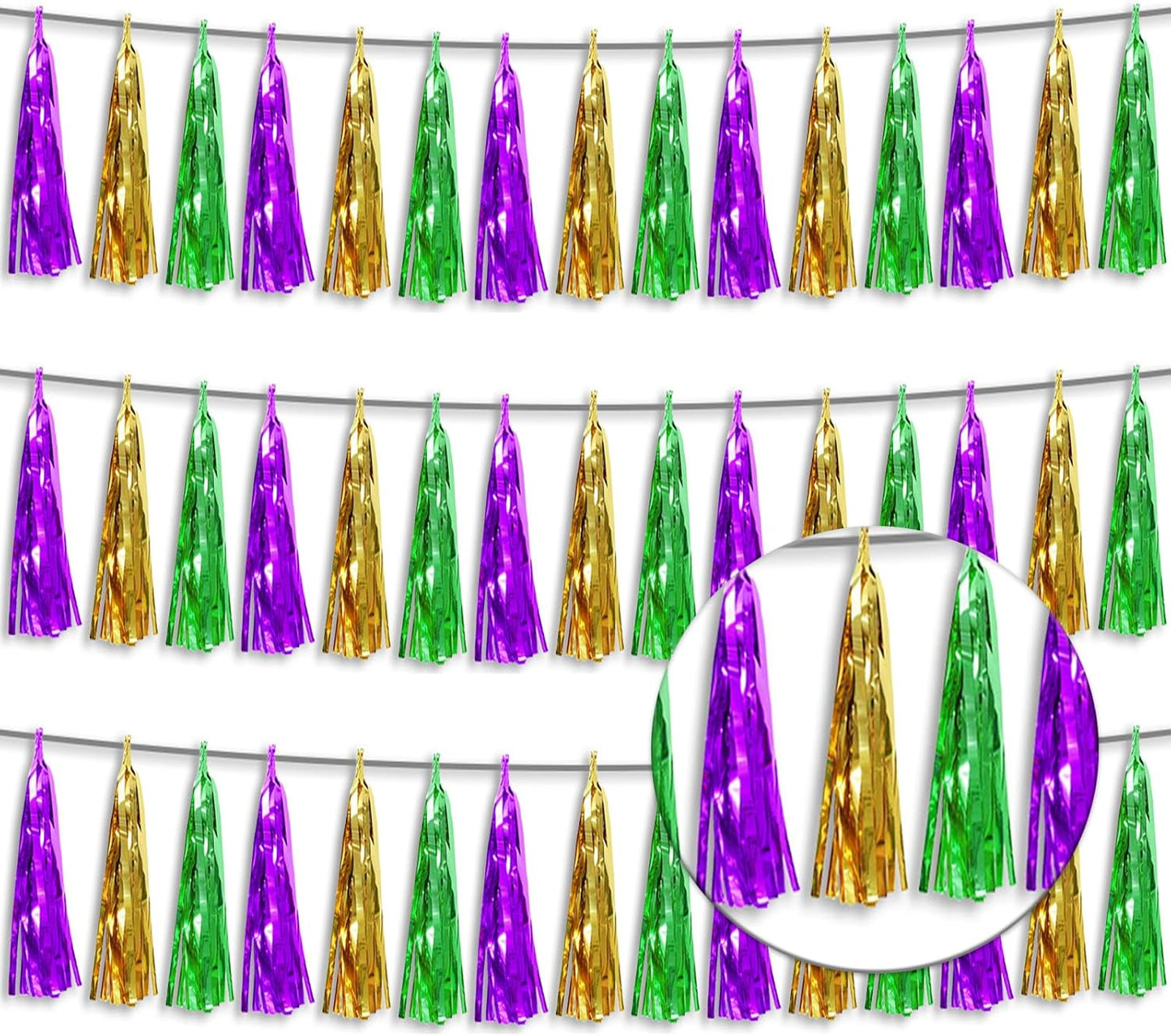 3P Metallic Fringe Tassel Banner Garland Foil Tinsel Streamer Wall Hanging Curtain Backdrop Banner for Parade Floats, Graduation, Carnival Mardi Gras Party Decorations(Gold Green Purple)