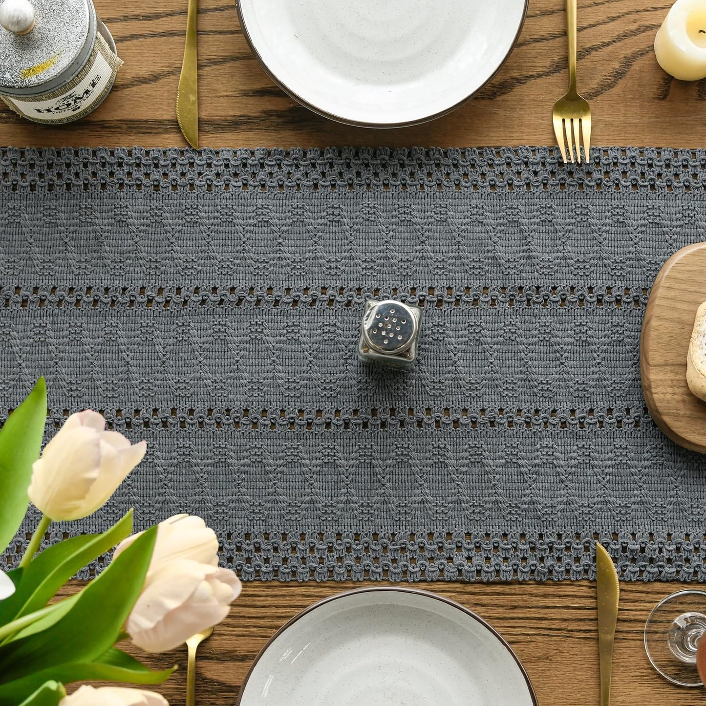 Artoid Mode Dark Grey Farmhouse Woven Rustic Hollow Table Runner, Seasonal Holiday Hollow Kitchen Dining Table Decoration for Home Party Decor 12x60 Inch