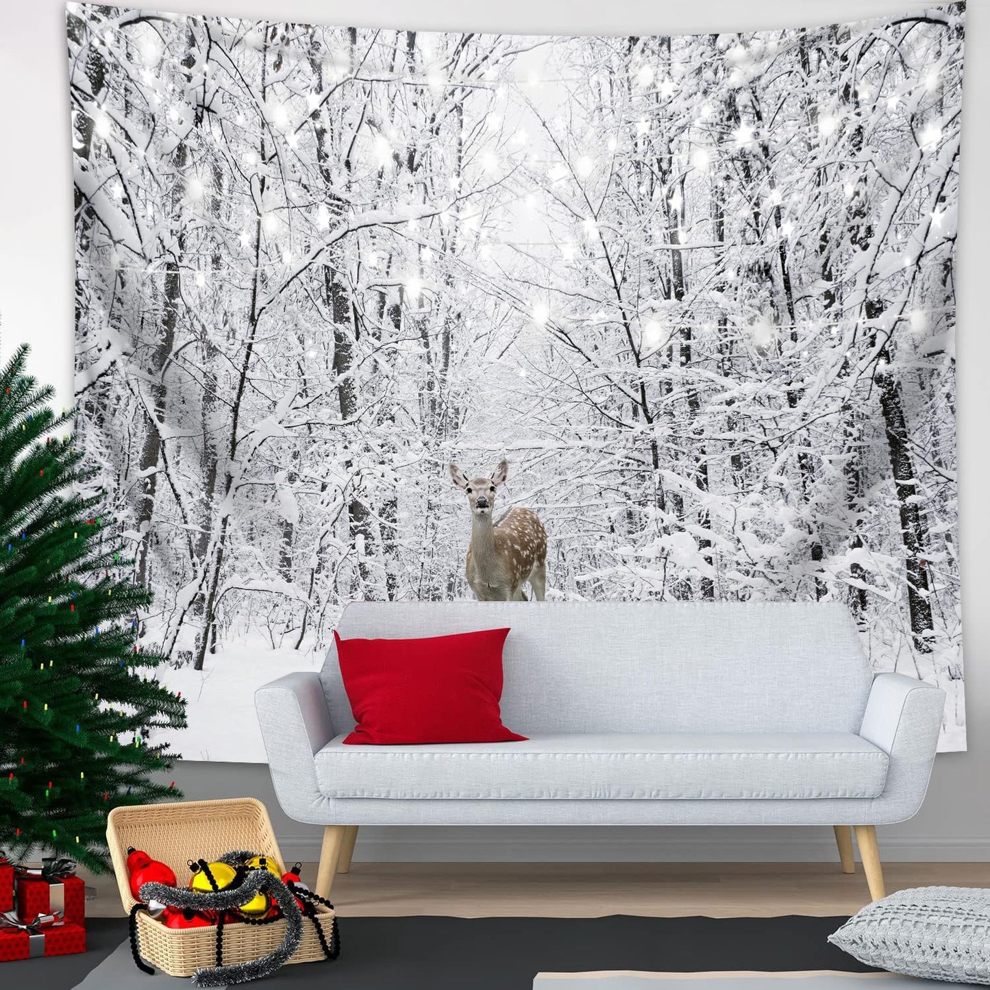 QGHOT Winter Tapestry Wall Hanging Snow Scene Backdrop Winter Wonderland Wall Decor Snowy Forest Wall Art Nature Woodland Deer Tapestry for Bedroom Room Dorm Party Decoration, Large