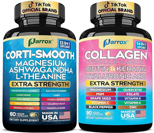 Shining Serenity Set, Cortisol Support with Ashwagandha, L-Theanine, Magnesium, Lions Mane, GABA, Bacopa Monnieri, Collagen I, II, III, V, X, Folate, Biotin, Keratin, Hyaluronic Acid, Quercetin