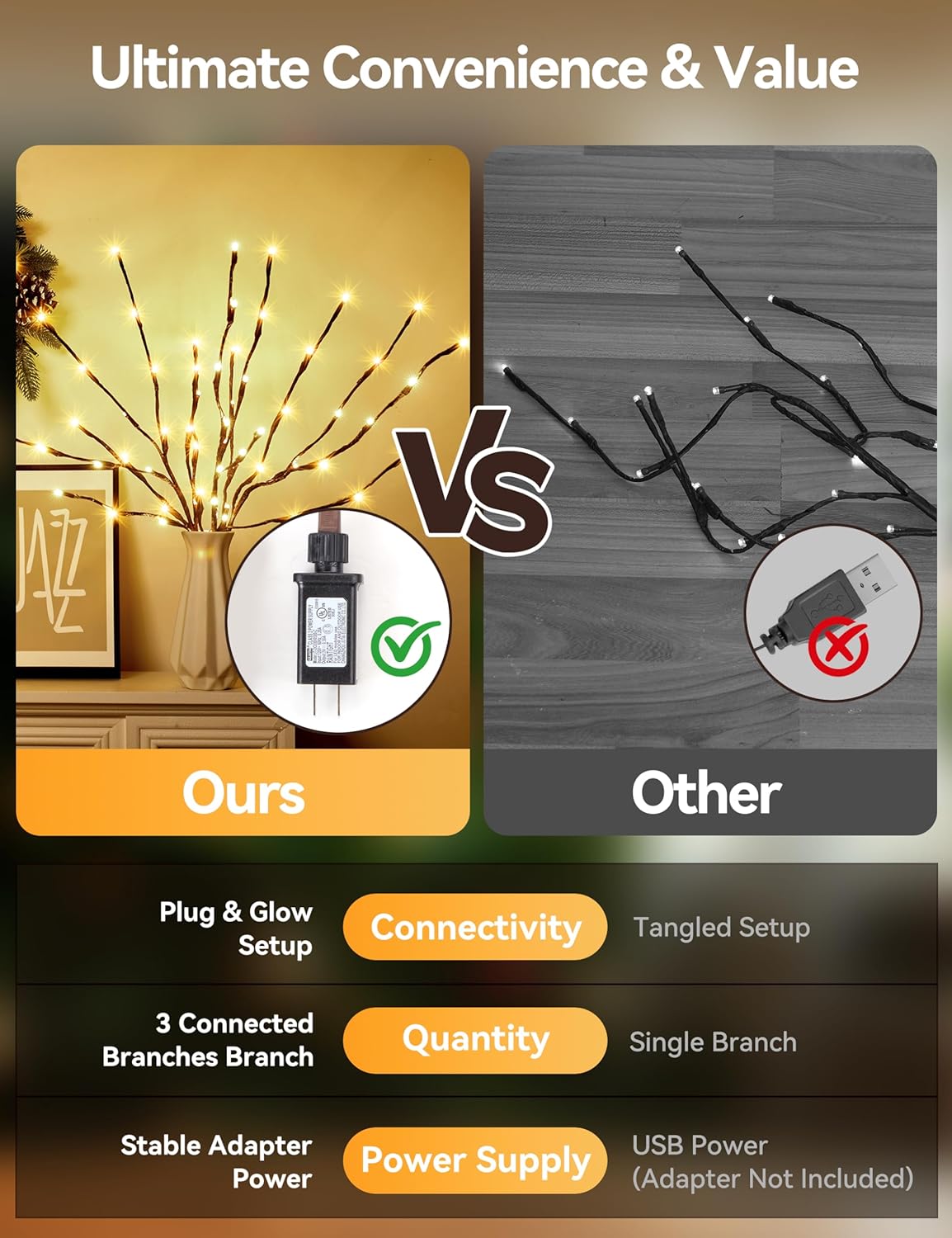 Lighted Branches for Vases Plug in - 6 Pack 24Inch 60 LED Christmas DIY Twig Pathway Lights, Artificial Tree Bendable Xmas Fairy Lights with Stakes for Outdoor Indoor Party Decoration, Warm White