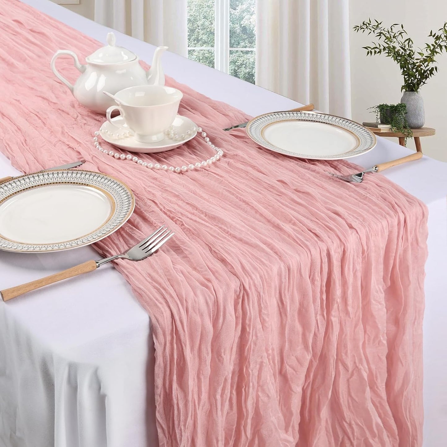6 Pack Dusty Pink Cheesecloth Table Runner 10ft Boho Gauze Fabric Cheese Cloth Table Runner 35 x 120 Inch Rustic Sheer for Romantic Wedding Decor Baby Shower Party Table Centerpiece Decoration
