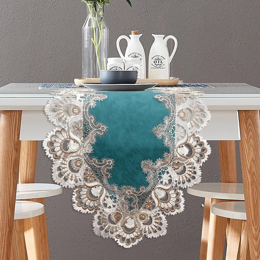 Vintage Lace Dining Table Runner, 108 Inches Macrame Coffee Table Runners for Kitchen Home Christmas Party Decorations (16x108 inch,Cyan)