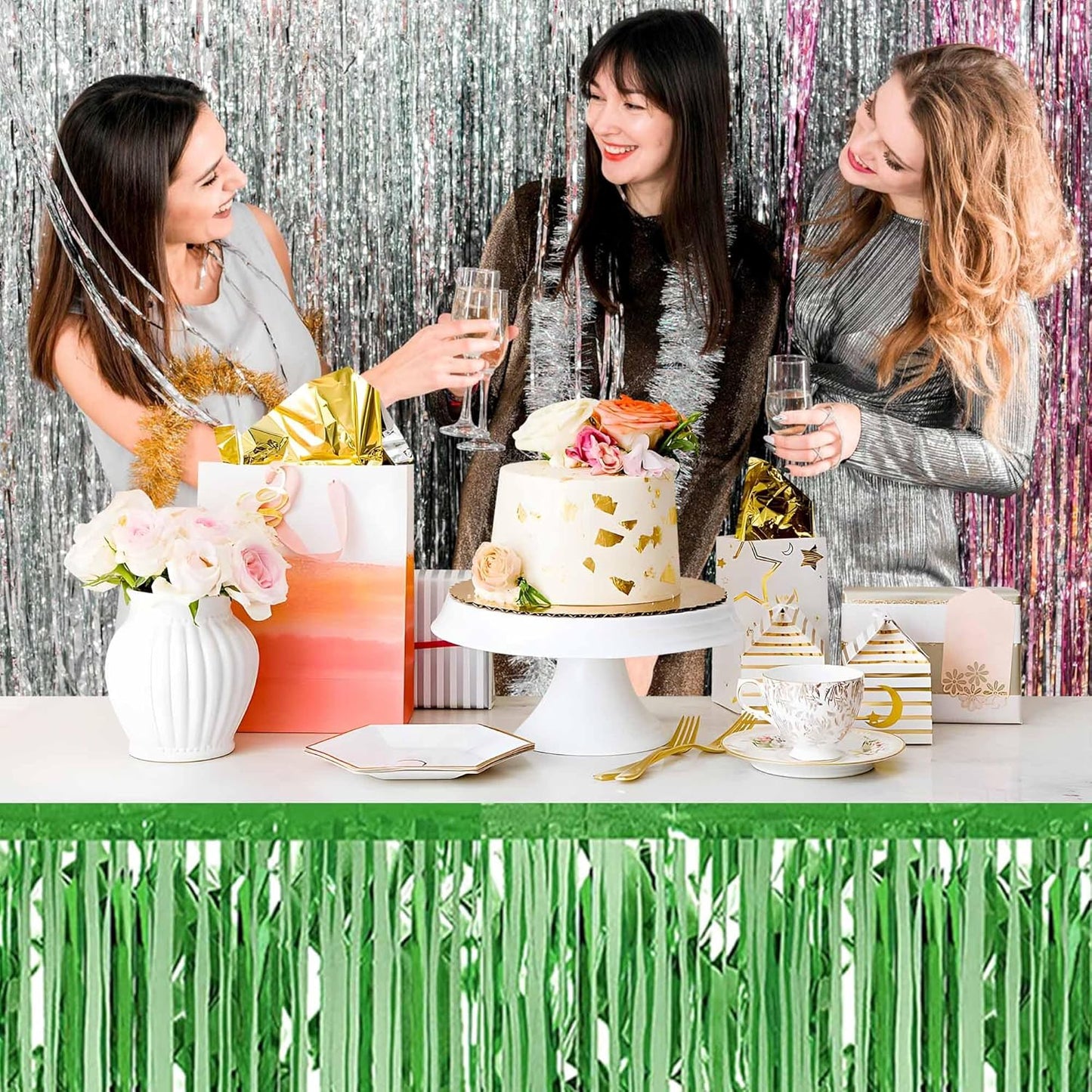 3 Pack 29 x108 Inch Light Green Foil Fringe Table Skirts Metallic Banner for Tinsel Streamer Garland Backdrop for Parade Floats Mother's Day, Graduate, Birthday, Wedding Party Decoration