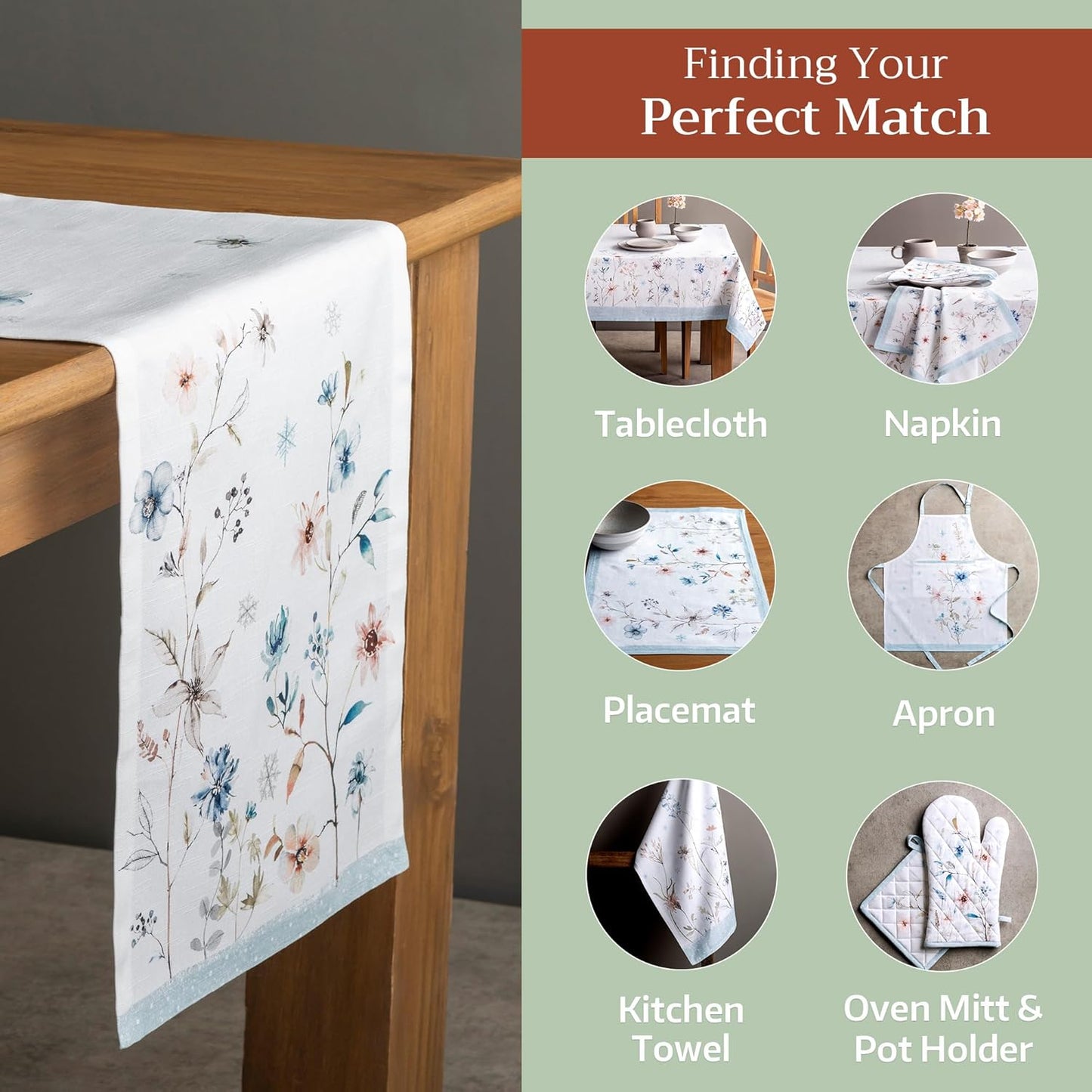 Maison d' Hermine Table Runner 100% Cotton Single Layer Table Runners 108 inches Long for Thanksgiving Christmas Decorations Home Kitchen Dining Party Wedding (Ice Florals, 14.5" x 108")