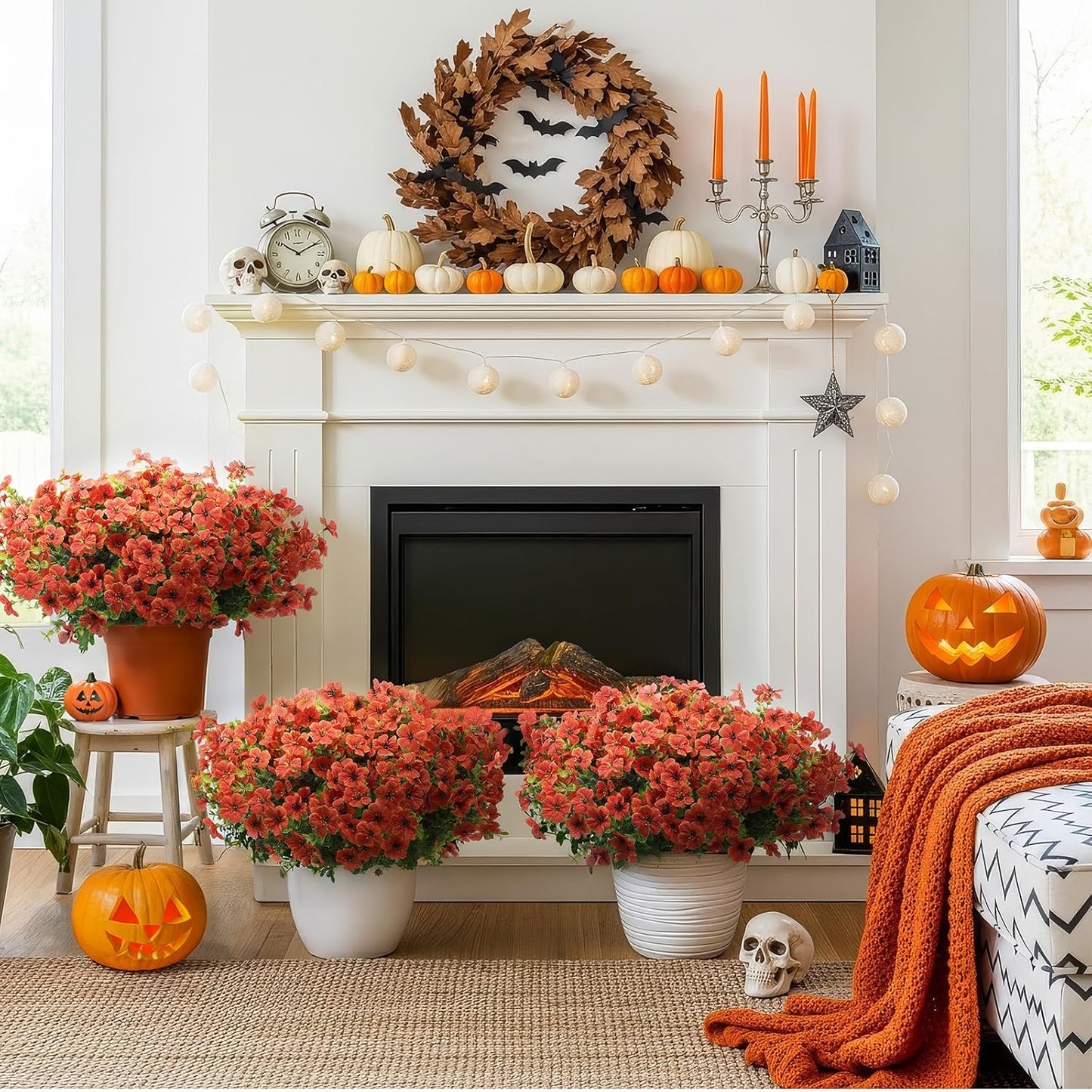 Artificial Flowers for Outdoors 24 Bundles, UV Resistant Orange Fake Silk Flower Fall Autumn Garden Decor Wedding Window Door Decorations