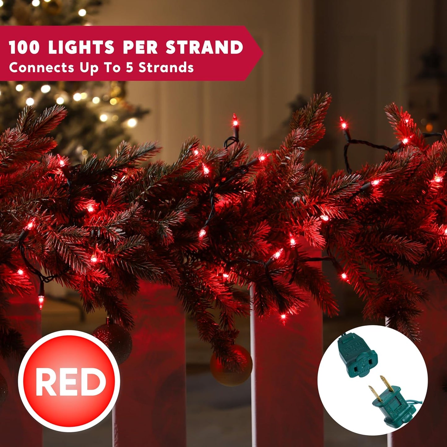 Joiedomi Red Christmas String Lights,100 Count 21.4FT Christmas Fairy Tree Lights Plug in for Indoor Outdoor Valentine's Day Xmas Decorations Patio Holiday Theme Party Yard House,Green Wire