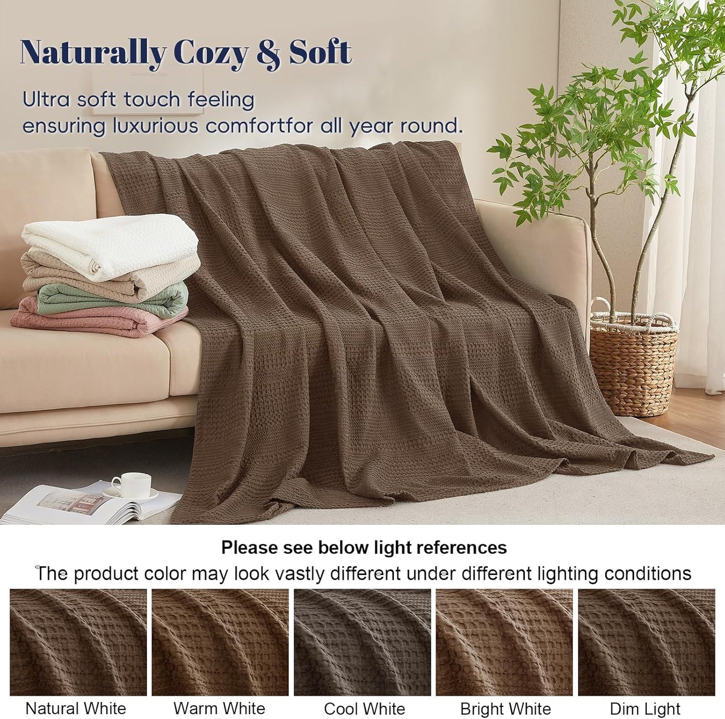 PHF Lightweight Waffle Weave Blanket Queen Size, Breathable & Ultra Soft, 90"x 90" Soft & Cozy Thin Blanket for All Season & Hot Sleepers, Bed, Home Decor - Cocoa Brown