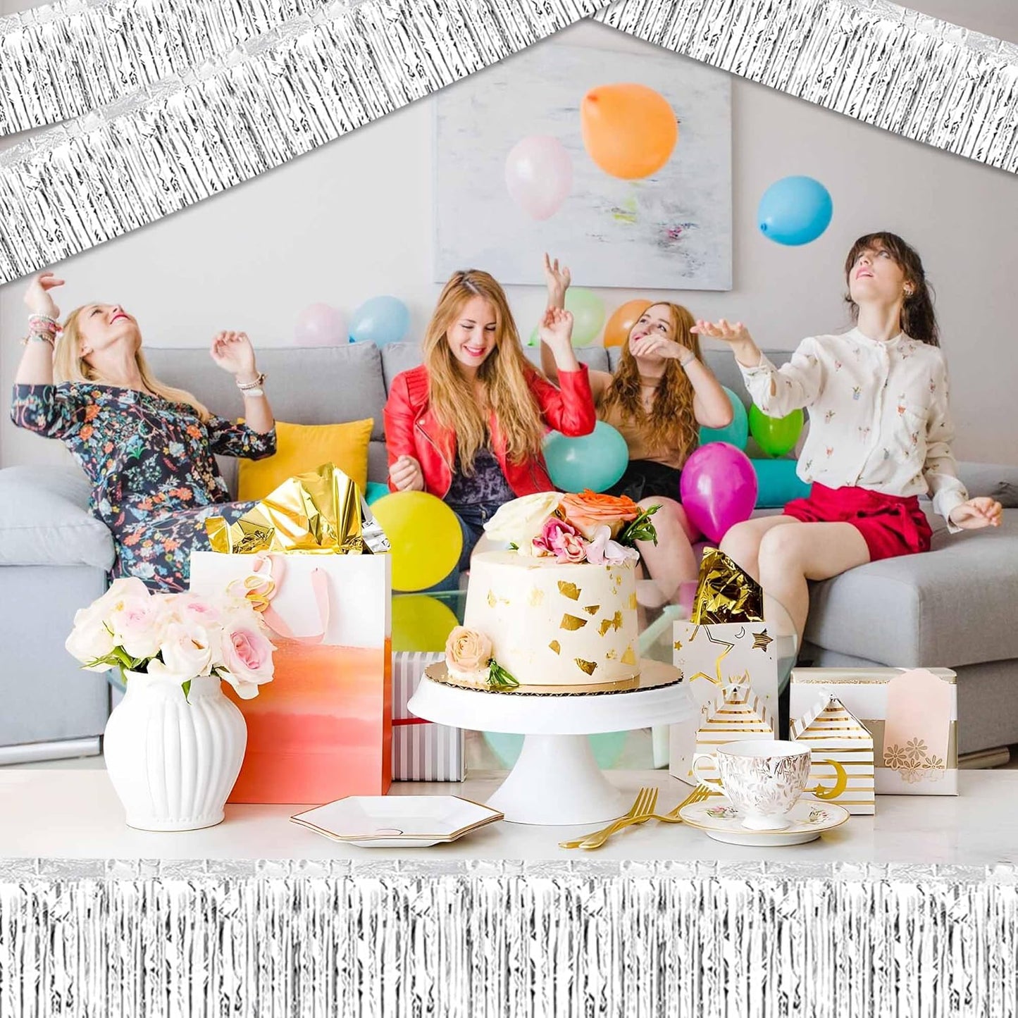 4 Pack 10 Ft Silver Foil Fringe Garland Metallic Streamers Tinsel Banner Wall Hanging Garland Backdrop for Parade Floats, Halloween, Christmas, Thanksgiving, New Year Party Decorations