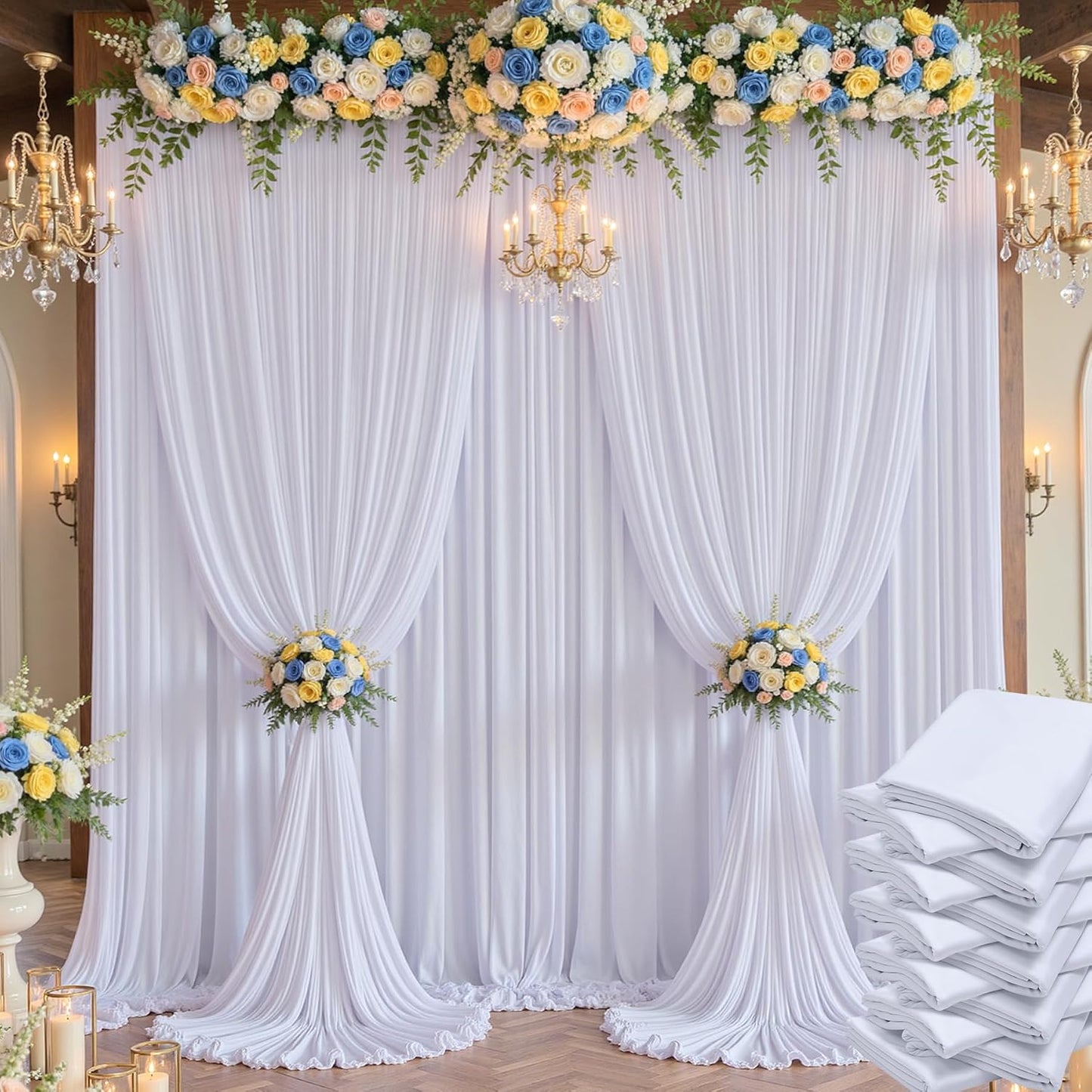 60×14 ft White Wrinkle Free Backdrop Curtain, Soft Silky Polyester Wedding Drapes 12 Panels 14ft Height Photo Backdrop Curtains for Parties Birthday Baby Shower Photography Background Cloth