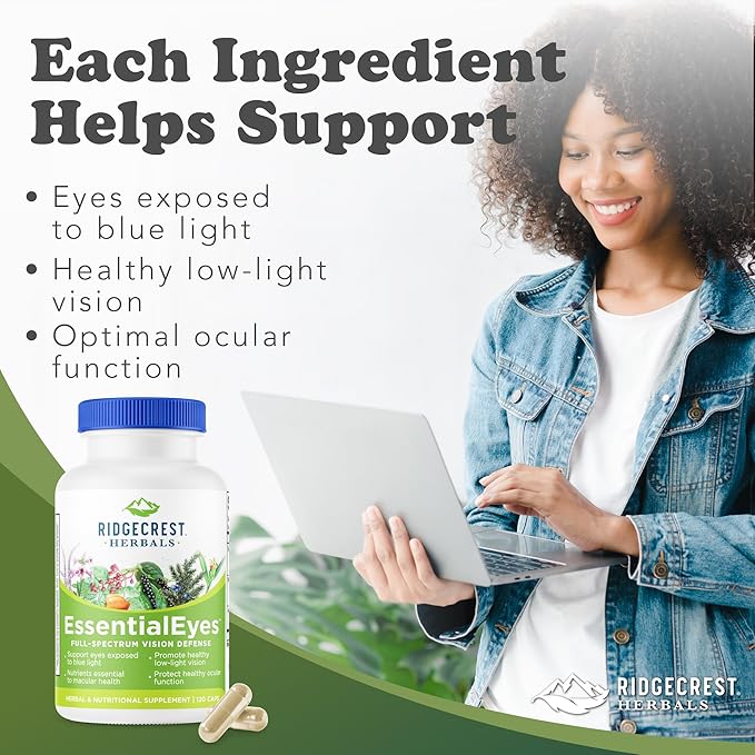 Ridgecrest Herbals EssentialEyes, Natural Eye Vitamin Supplements, Contains Lutein, Zeaxanthin, Bilberry Extract, Supports Eye and Vision Health (120 Vegan Caps, 30 Serv)