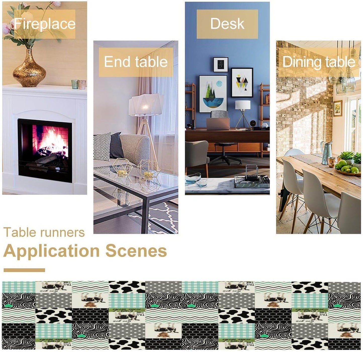 Cute Cow Print Table Runner,Farm Animals Honeycomb Plaid Stripes Cowhide Pattern Tablecloth Burlap for Hotel Indoors Outdoor Dining Room Kitchen Table Decor, 13x108in