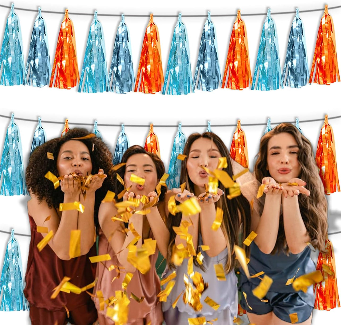 3P Lake Blue Light Blue-Orange Metallic Fringe Tassel Banner Garland Foil Tinsel Streamer Wall Hanging Curtain Backdrop Banner for Parade Floats,Graduation Decorations, Wedding Party Decoration