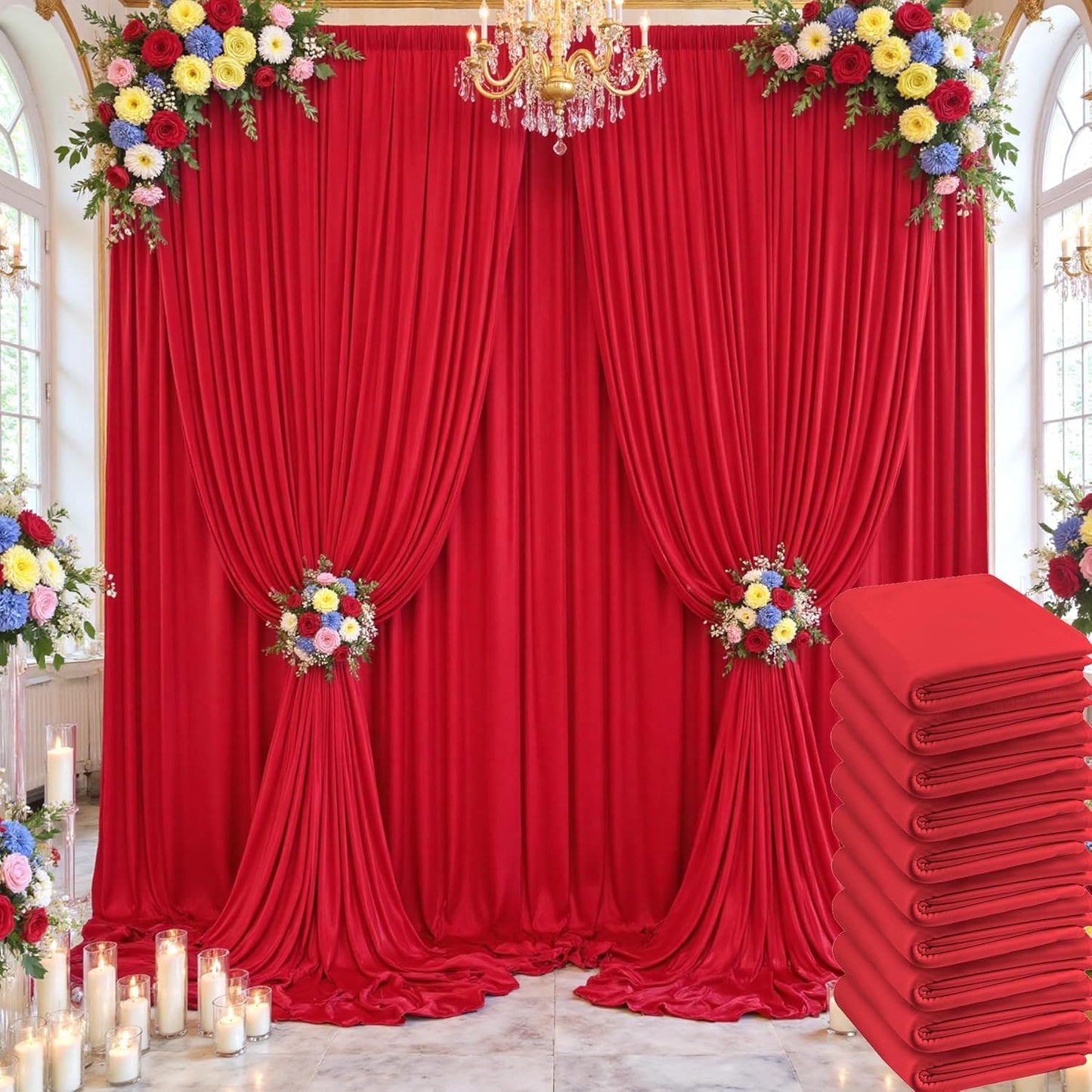 50×14ft Wrinkle Free Red Backdrop Curtain for Wedding Parties,10 Panels 5×14ft Height Soft Silky Polyester Backdrop Drapes Photo Back Ddrop Curtains for Events Photography Christmas Background Cloth