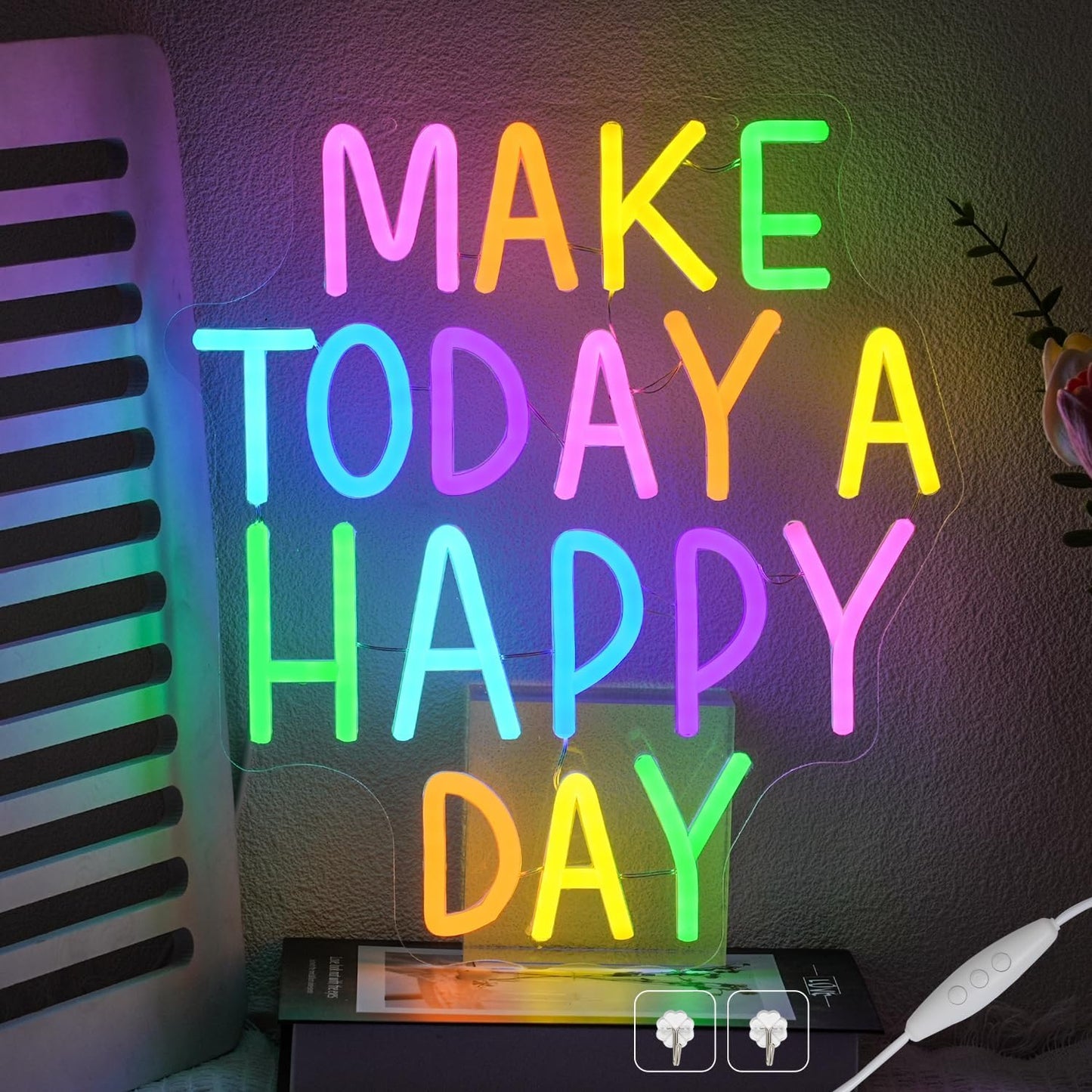 Make Today A Happy Day Neon Sign, Inspirational Colorful Letter Neon Light for Wall Decor, Dimmable Motivation LED Light Sign for Bar Cafe Restaurant Office Living Room Wedding