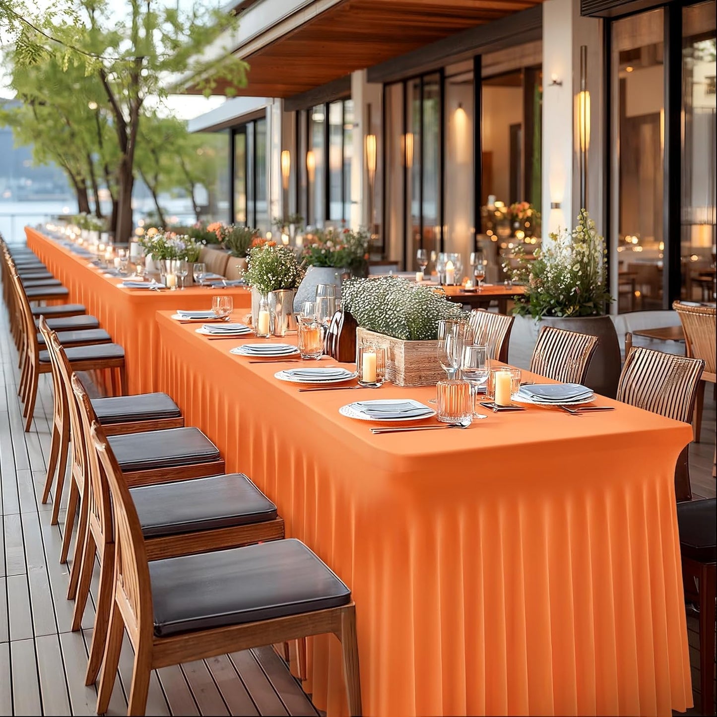 Wish Care 6 Pack Orange Spandex Table Clothes for 8 Foot Rectangle Tables, 8FT Wrinkle Free Fitted Tablecloths Ruffles Design Table Cover for Party, Banquet, Wedding and Events
