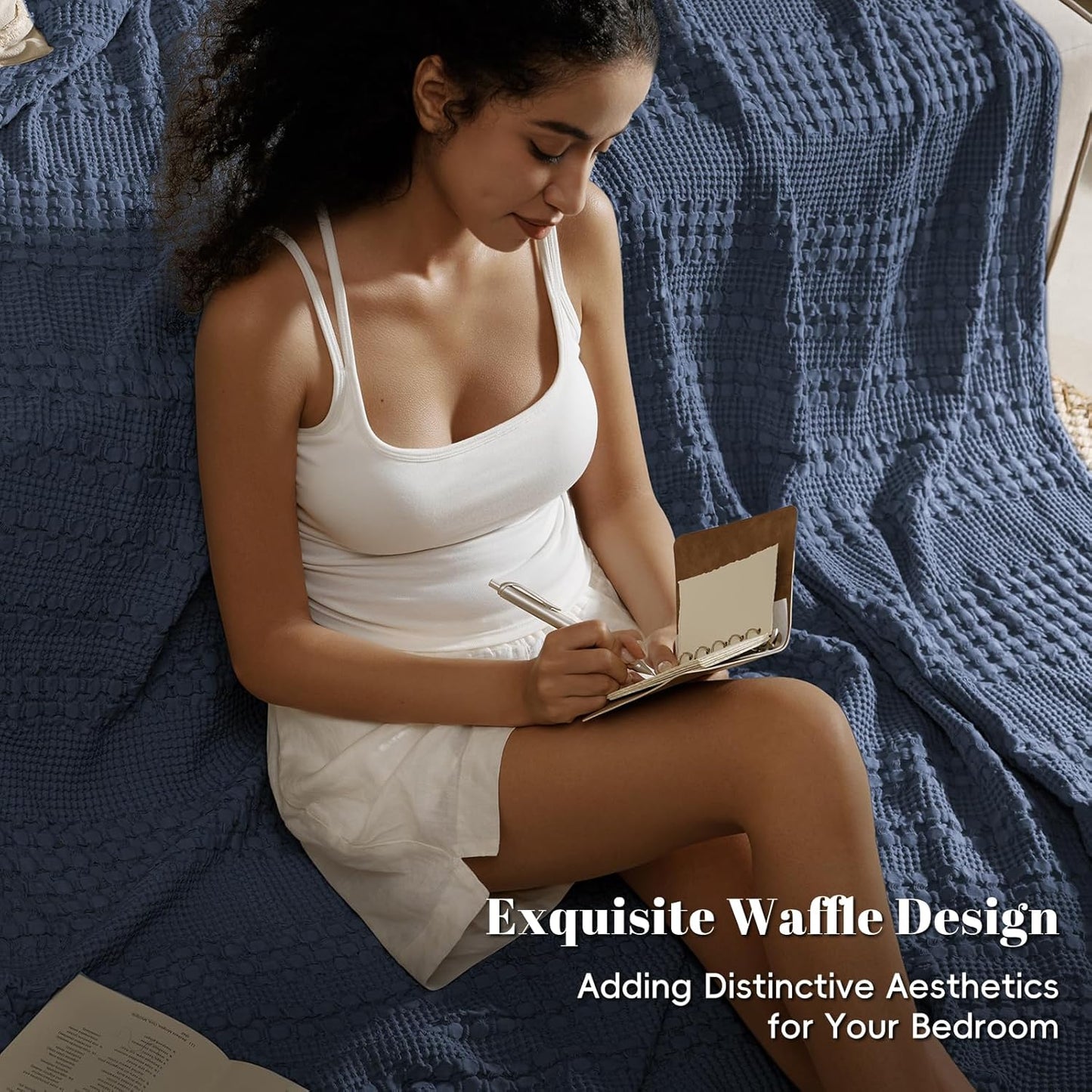 PHF 100% Cotton Waffle Weave Blanket Queen Size for Bed, Soft Lightweight & Breathable, All-Season Comfort, Luxury Aesthetic Woven Bedding for Home Decor, 90"x90", Dark Navy