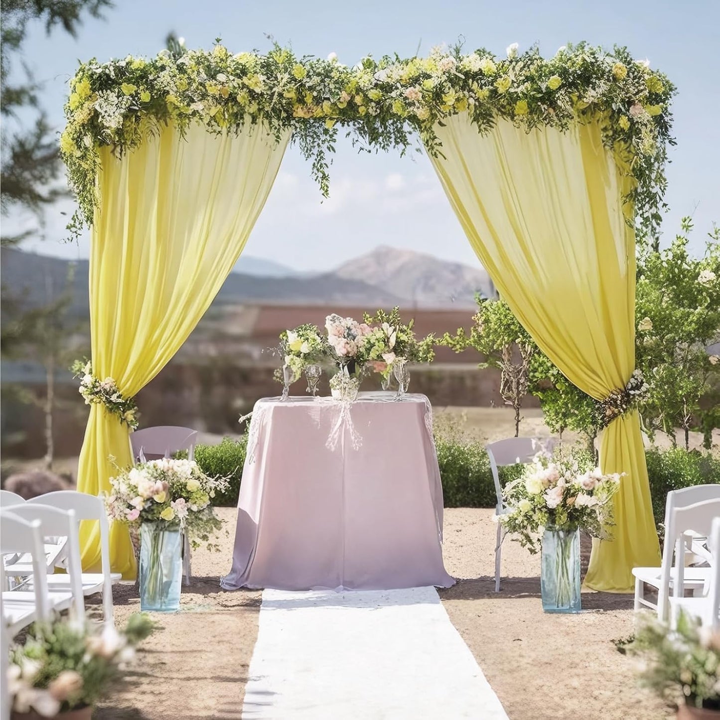 DUOBAO Chiffon Backdrop Curtain 96 Inch Length 2 Panel 29 Inch Width Wedding Backdrop Drapes Yellow Sheer Curtains Panels Tulle Fabric Photography Backdrops for Party