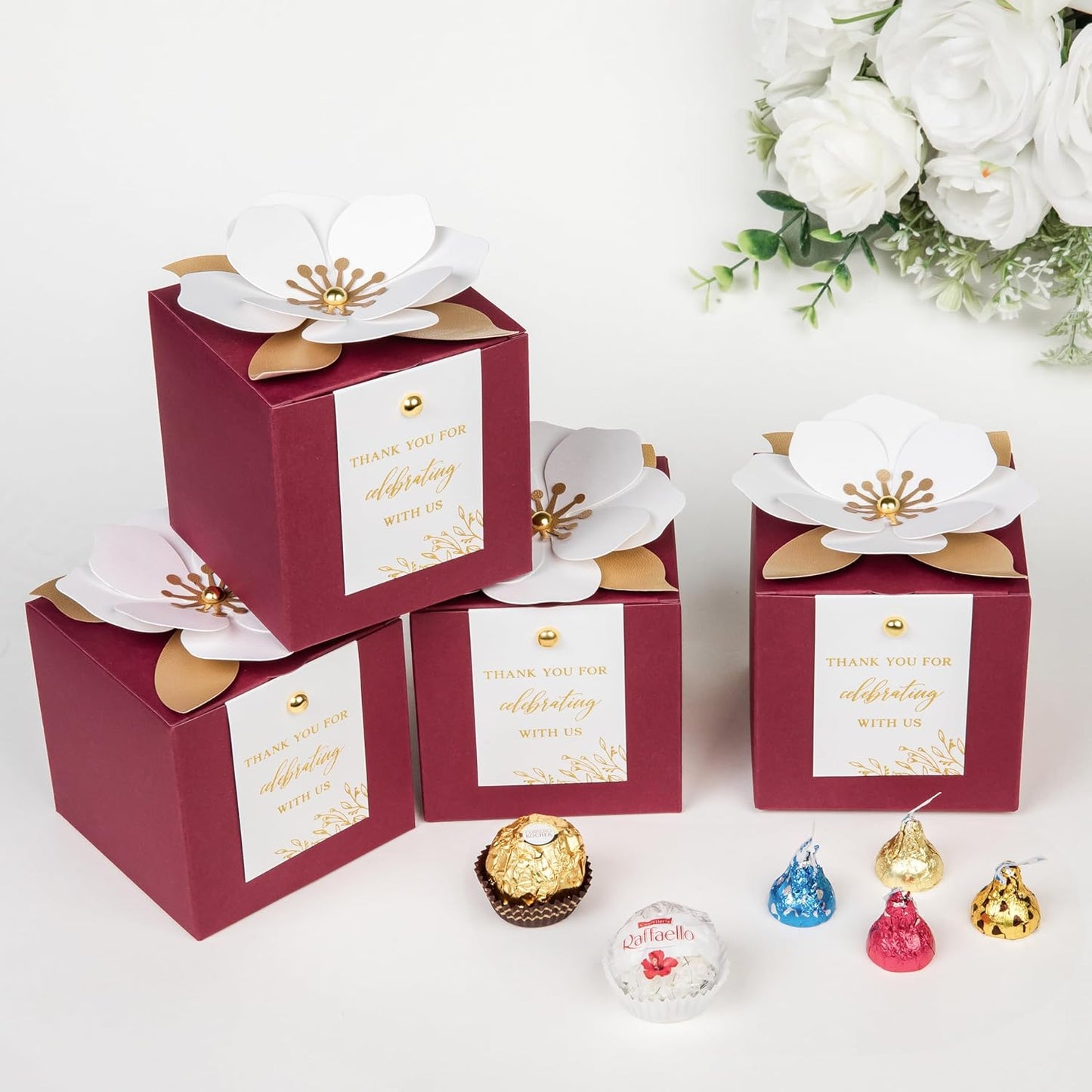 FEIYI 20 PCS Burgundy Gift Boxes, 3 In 1 Favor Boxes with Floral Decor, White Thank You Tags Cupcake Containers Gift wrapping for Wedding, Baby Shower, Birthday, Decorations Party - 3.55x3.55x3.55