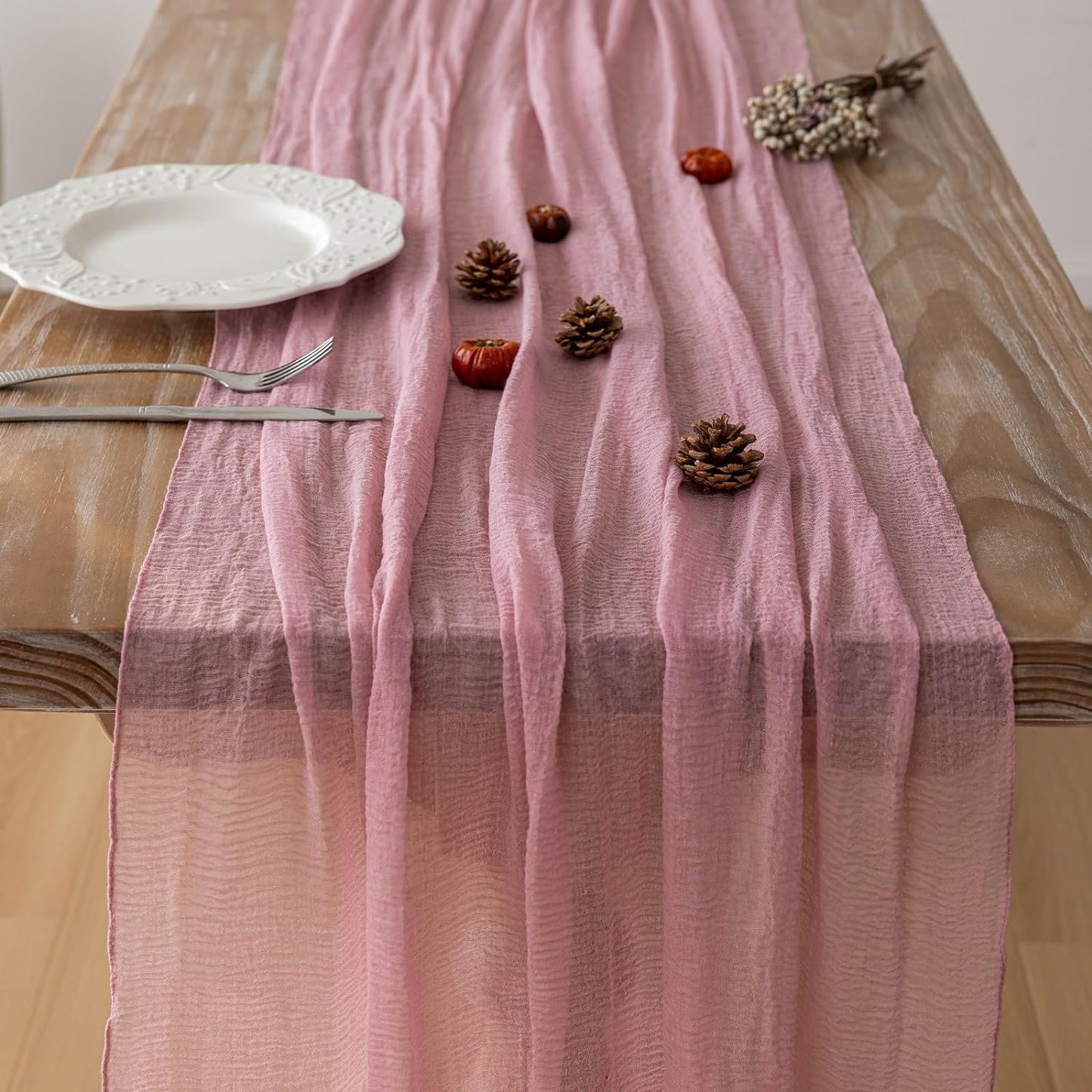 3pcs Cheesecloth Table Runner Dusty Rose Gauze 120 Inch 10 FT Rustic Boho Cheese Cloth Runner for Wedding Baby Shower Bridal Shower Party Long Sheer Centerpiece Fall Home Decoration