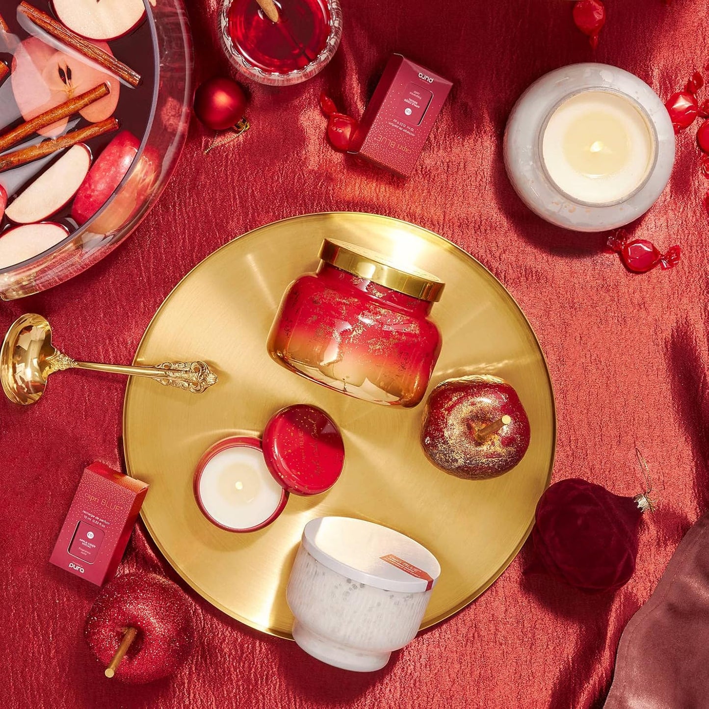 Capri Blue Scented Candles - Glimmer Collection - Ombre Glass Candle Holder - Luxury Apple Candles for Women & Men - Signature Jar in Cranberry Red and Gold (Apple Cider Social, 19 oz)