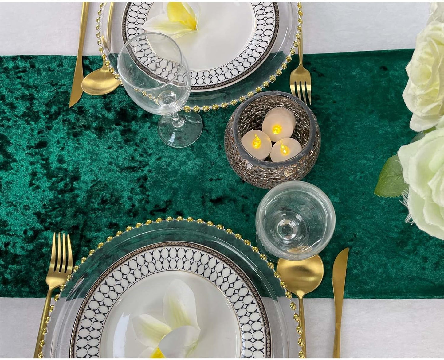 Luxurious Crushed Velvet Table Runner, Wedding Reception Decorations, Soft Velvet Fabric, Table Linen Overlay, Wedding Table Runners (Emerald Green, 12X108 inch)