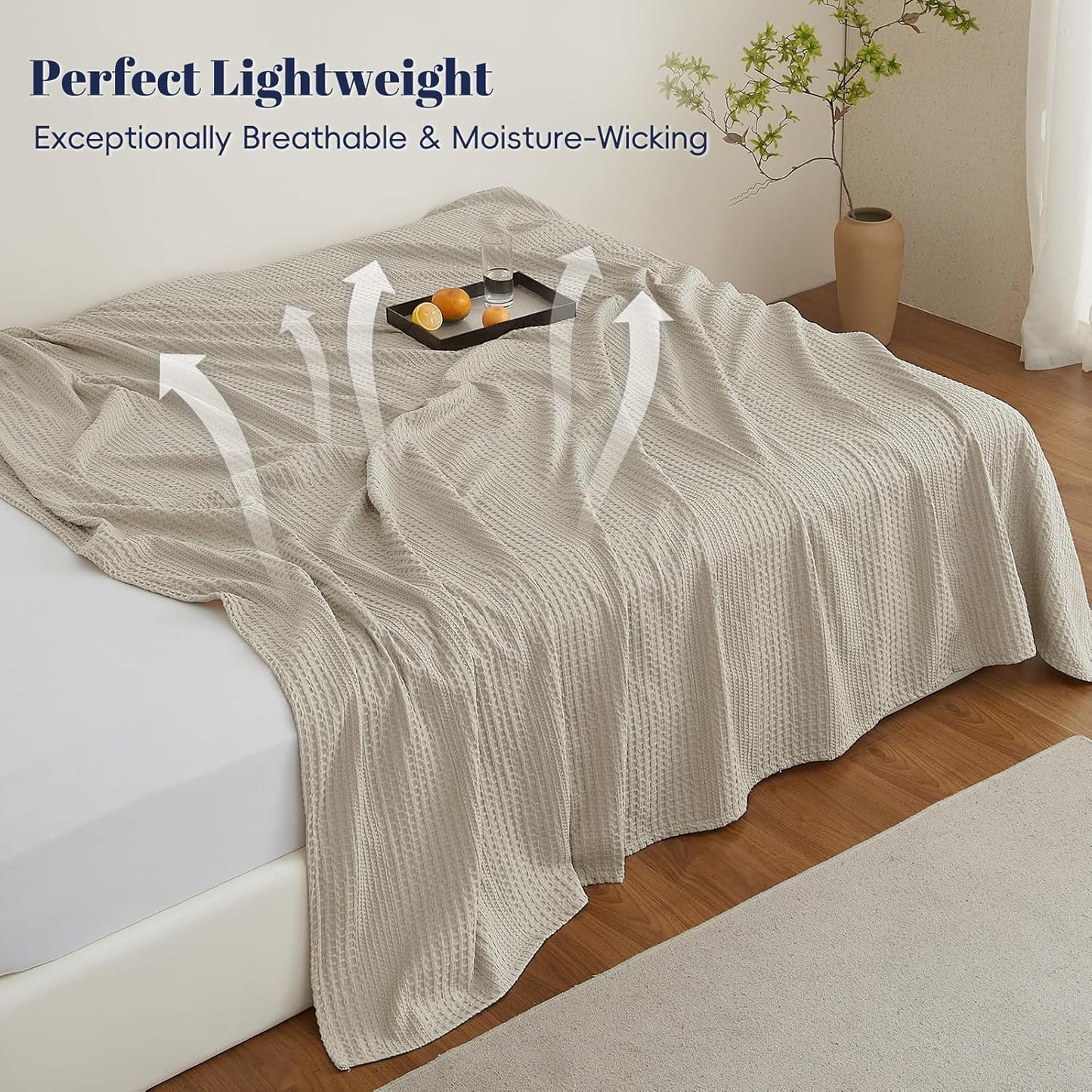 PHF Lightweight Waffle Weave Blanket Queen Size, Breathable & Ultra Soft, 90"x 90" Soft & Cozy Thin Blanket for All Season & Hot Sleepers, Bed, Home Decor - Natural